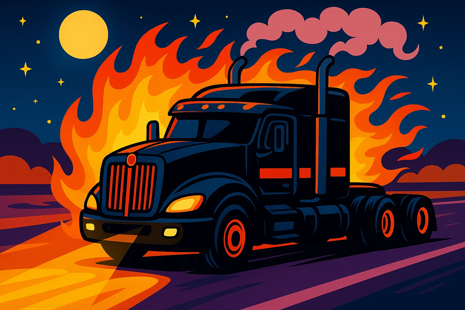 Add a dramatic cartoon fireball behind the black Kenworth T680 Flat Top semi sleeper cruising on the highway at night, keeping the playful cartoon style and smoke from the stacks. emoji