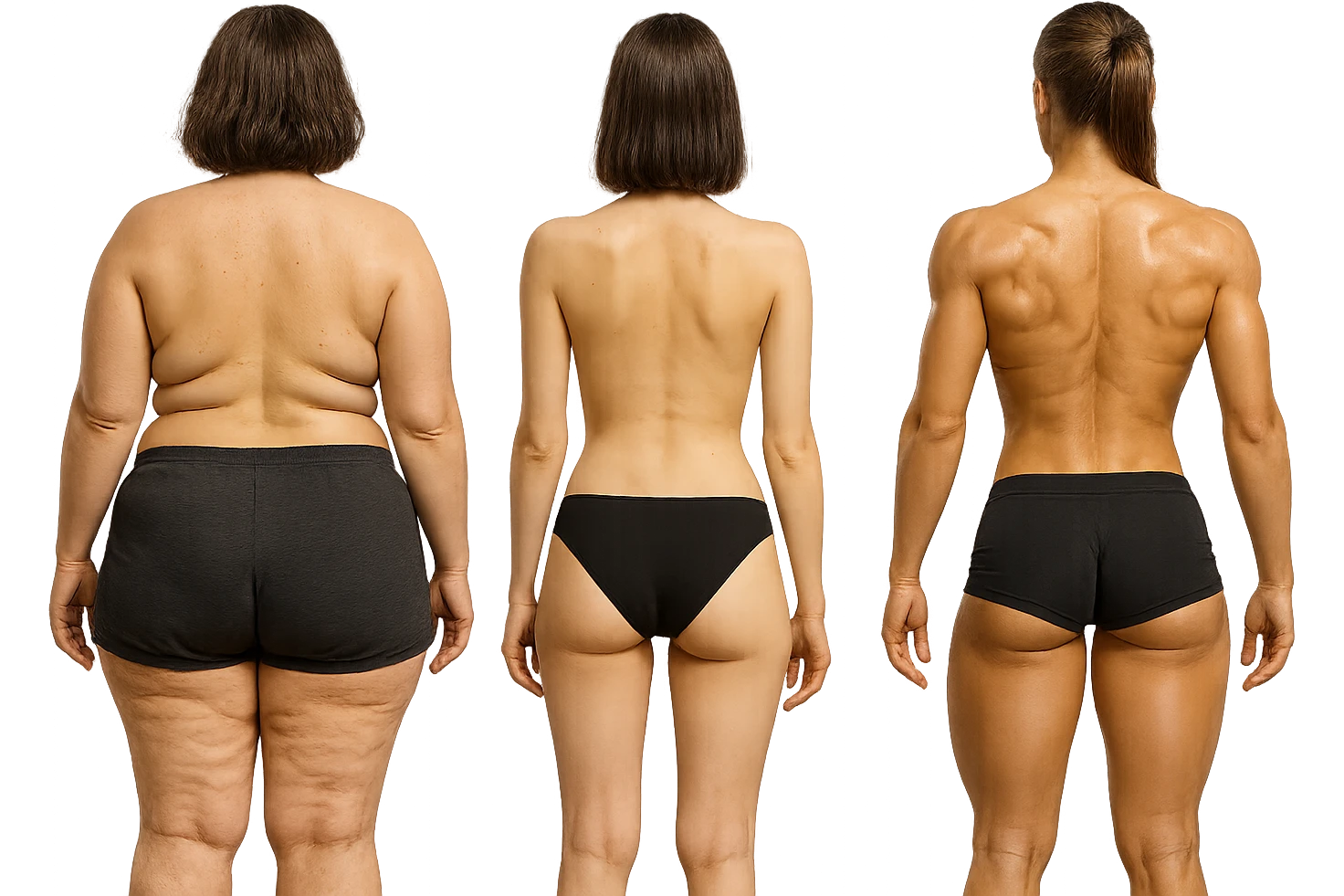 fai una donna di spalle in gym shorts leggermente sovrappeso e con cellulite e accanto una seconda donna di spalle magra (che è dimagrita post dieta) e accanto una terza donna in forma allenata e con le giuste proporzioni, l'immagine deve rappresentare il processo: da donna grassa, a donna piatta e magra, a donna allenata e in forma con i giusti muscoli, iperrealistico 4k emoji