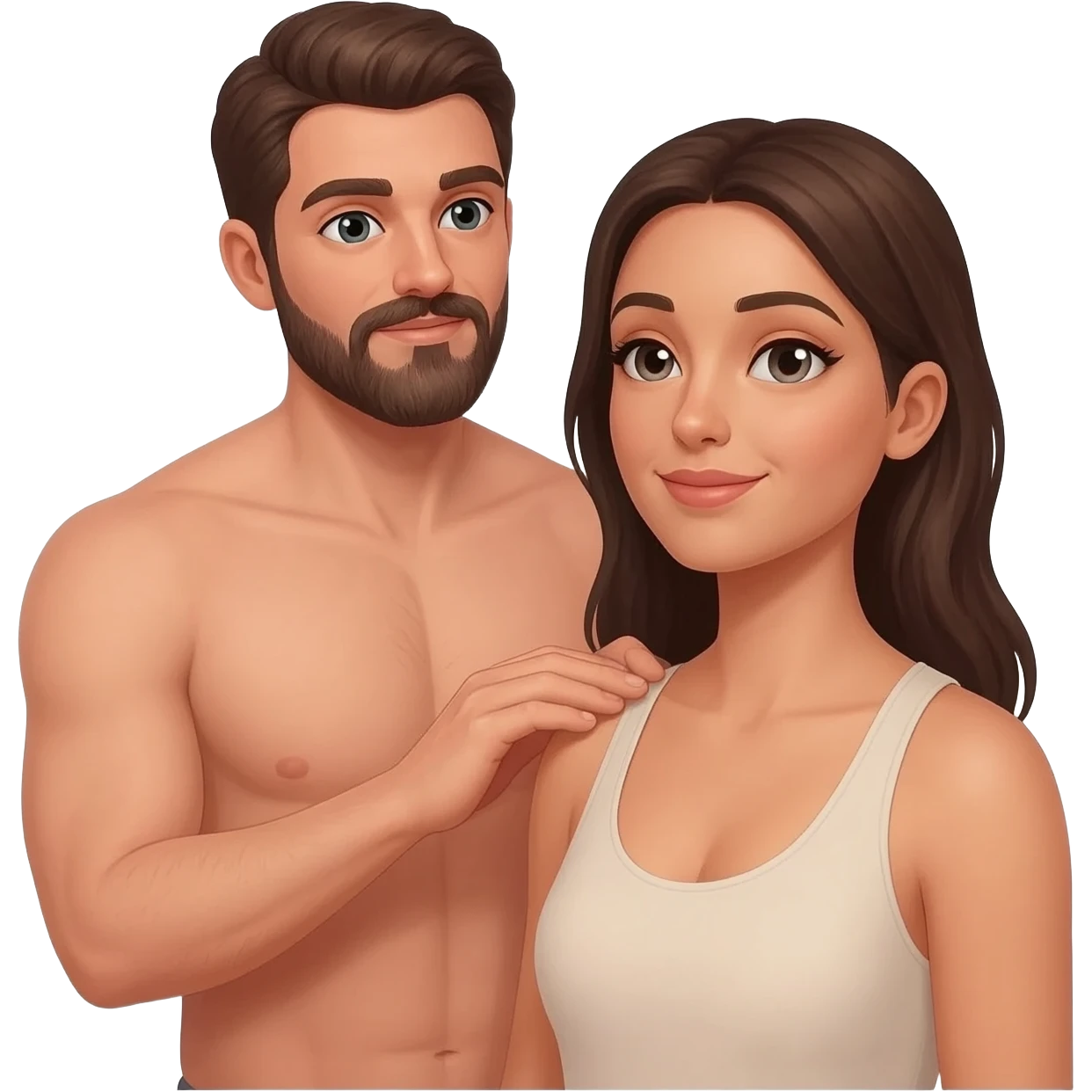 A male brunette with a beard giving a female brunette, nude body massage emoji