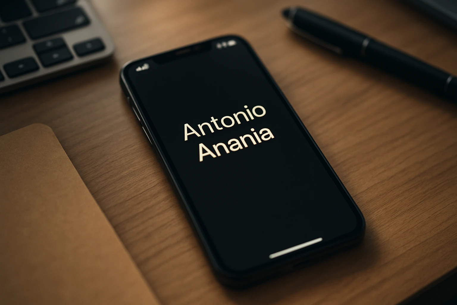 A photo of an iPhone with the message "Antonio Anania" on its screen, The phone sits atop a desk with a blurred background that suggests work environment. A faint glow from above casts gentle shadows across the surface of each object, creating depth and highlighting their textures. emoji
