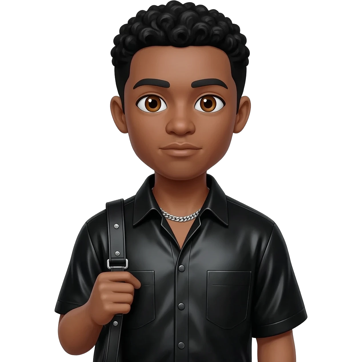 Teddy Riley with brown eyes, black hair, black metallic shirt, black metallic baggy dress pants, silver necklace emoji