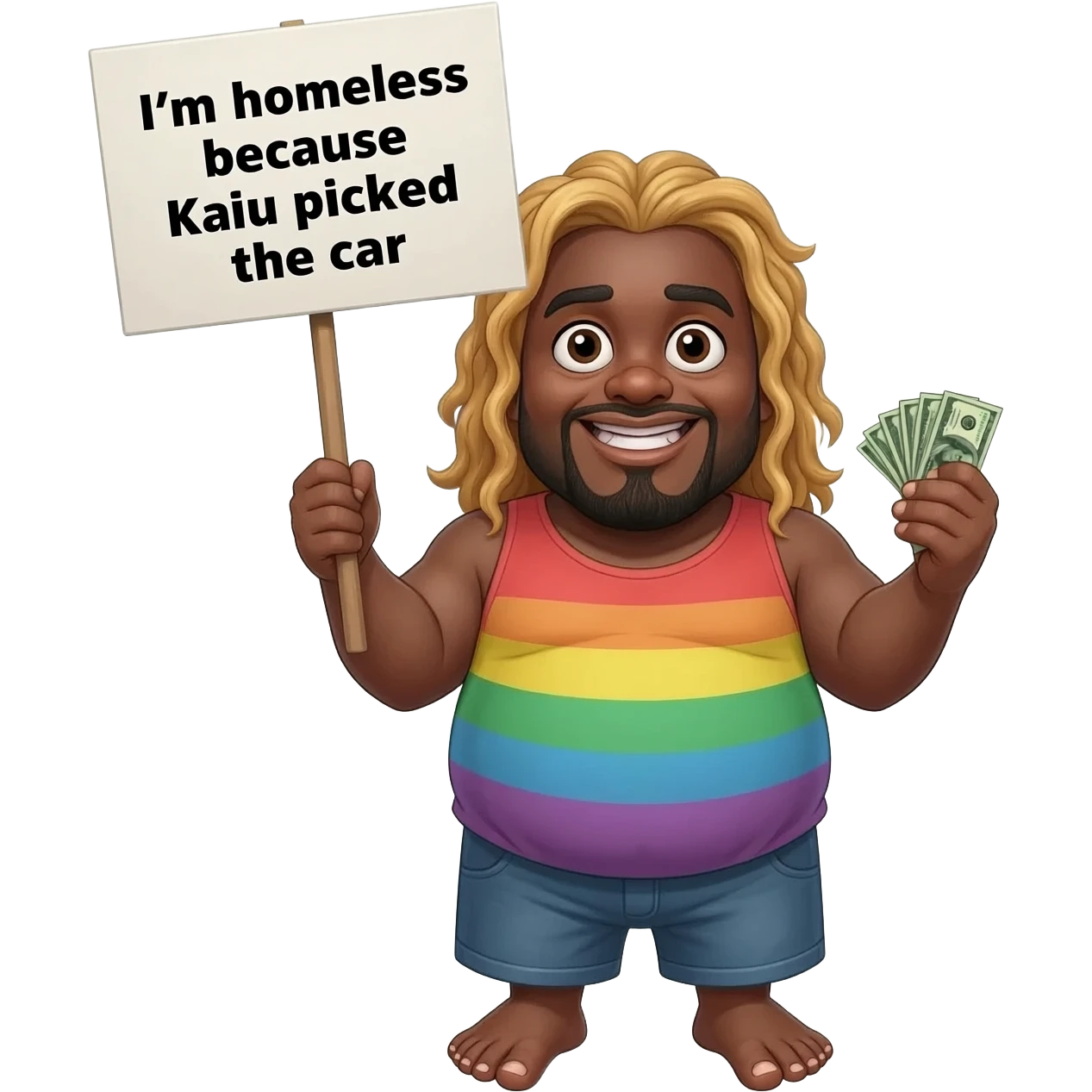 a weird ah emoji with nasty feet with long blond hair and he looks homelessand he is holding a sign that say I'm homeless because kaiu picked the car and he has zesty close and he is gay and he has a small stack of money and is super short and is black and has a super long toes and is fat emoji