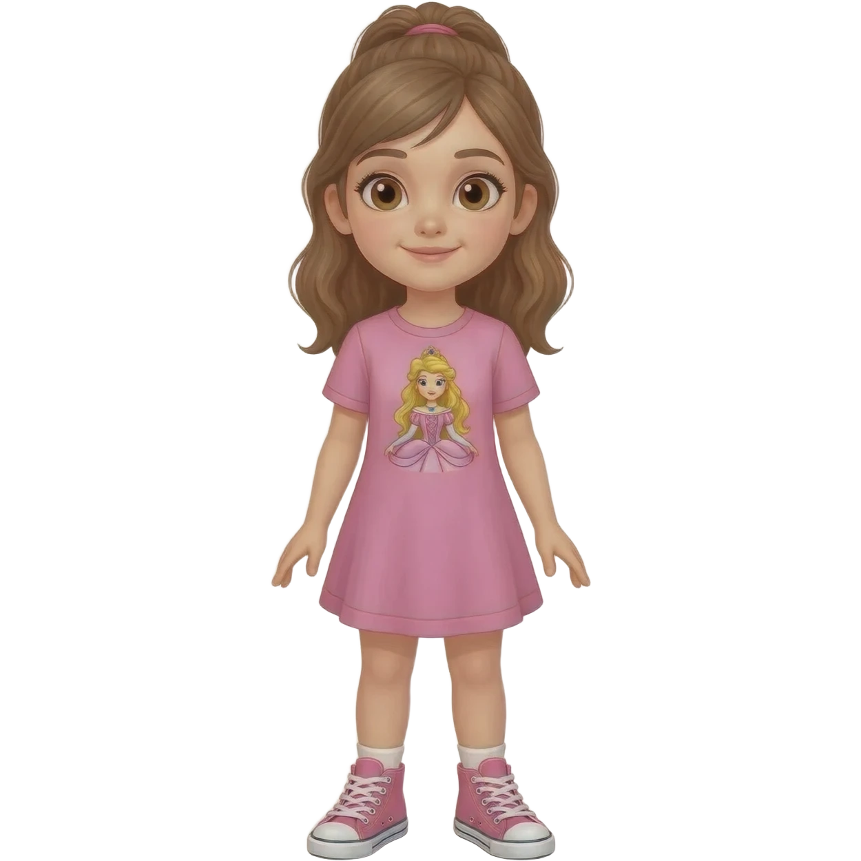 Young girl with light brown hair, half up, light brown eyes. Wearing a pink dress with a princess theme picture on it,  with matching pink sneakers.. emoji