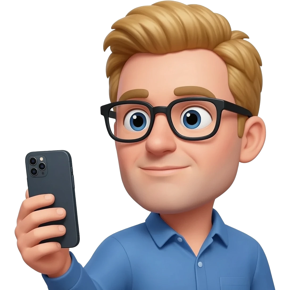 man with dirty blonde hair and black rectangle glasses - blue shirt, facetiming and the camera is low so he has a double chin. emoji