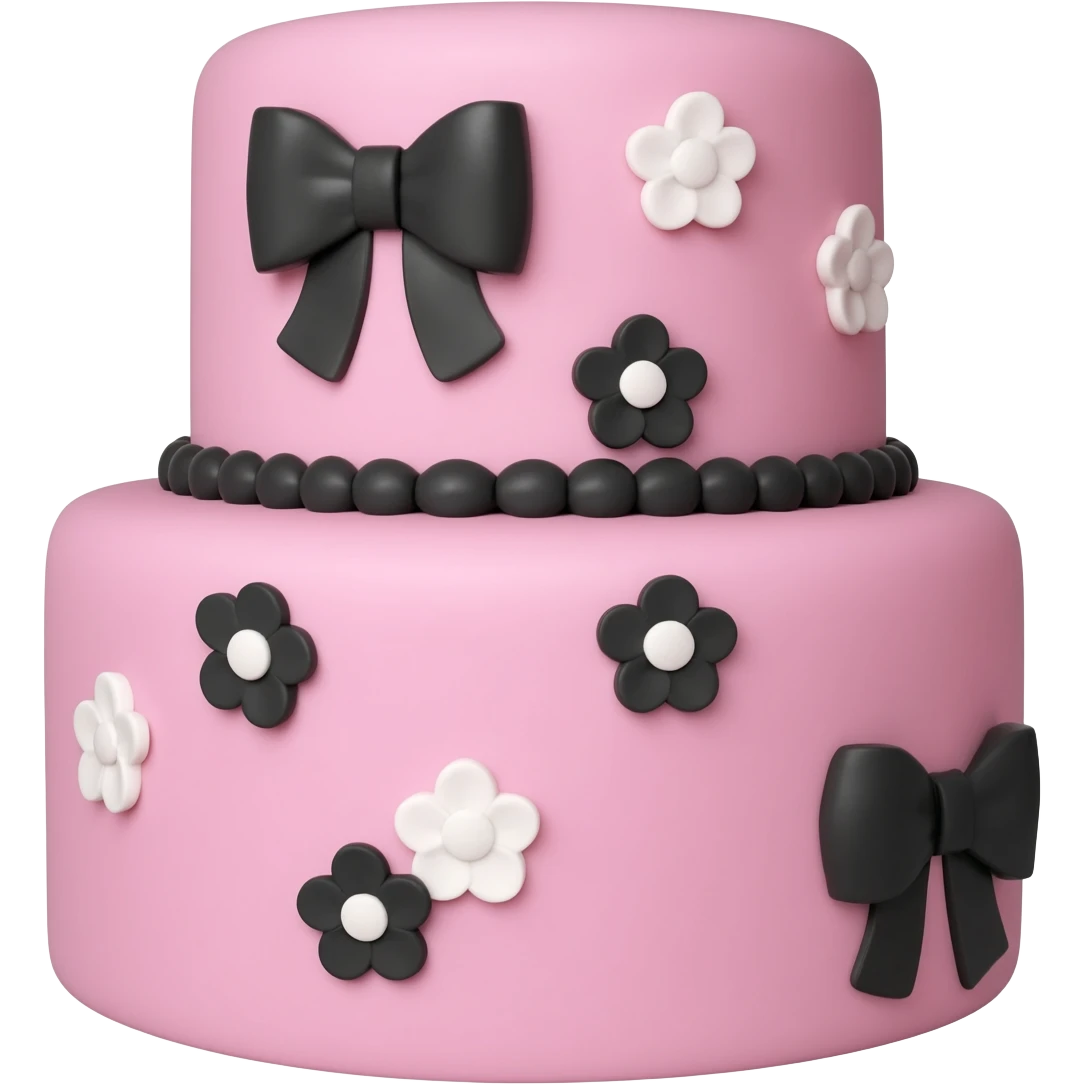 Pastel pink shaped birthday cake with black and white bows and flowers emoji