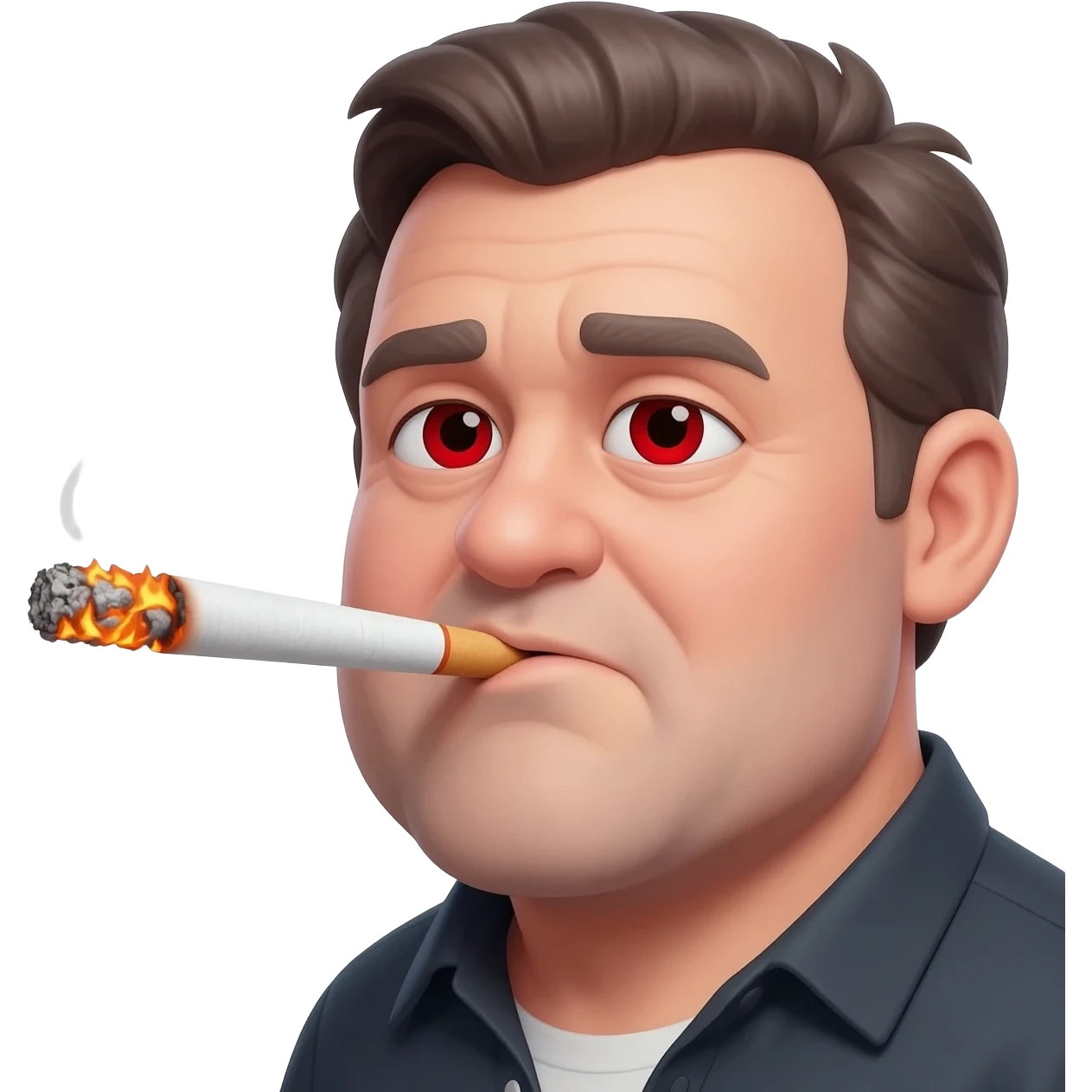 Chubby goofy looking middle aged  white guy with dark brown, but graying hair and bloodshot eyes, Smoking A SUPER HUGE white joint with orange and ash with hot ash and smoke rising off of it emoji