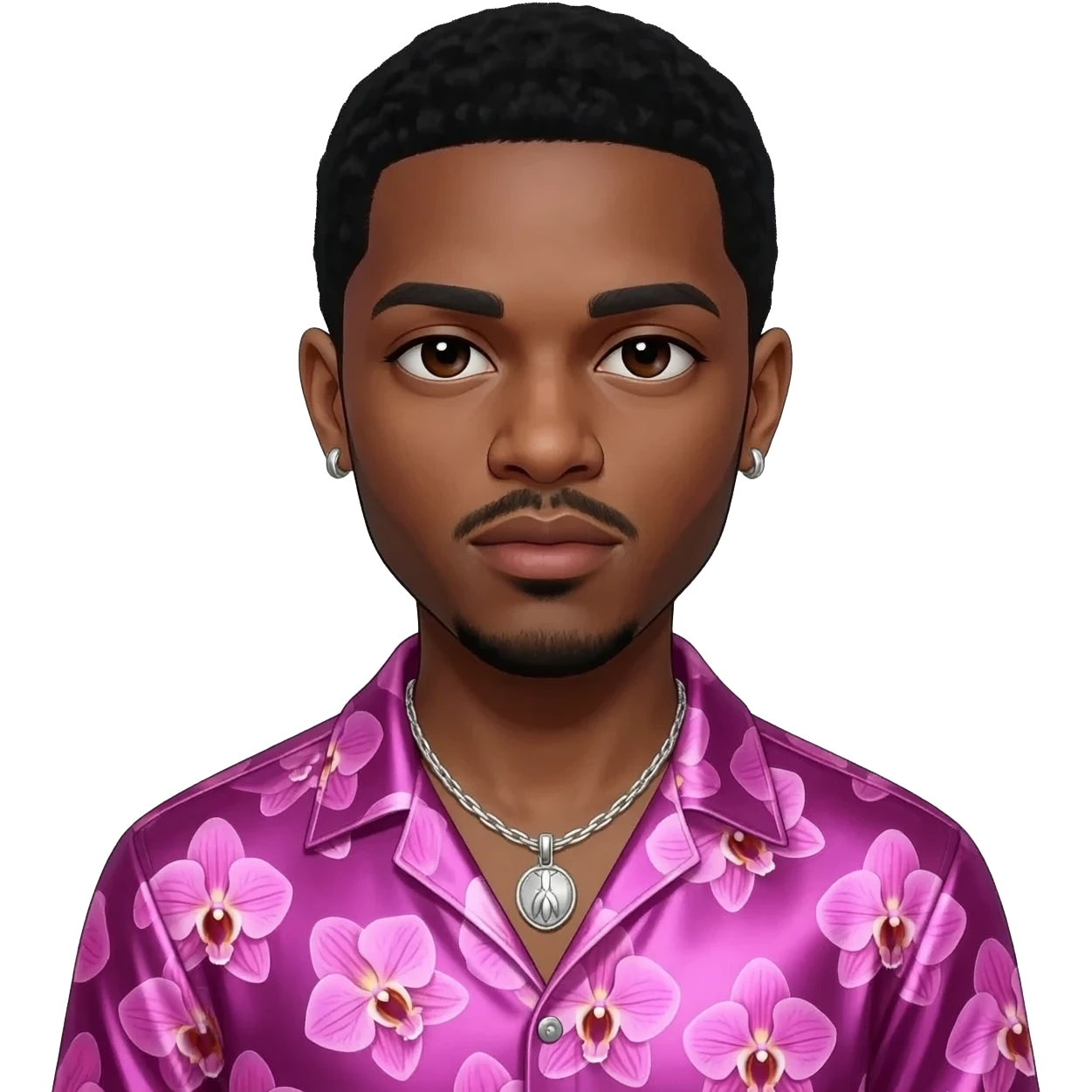 Lil Nas X with dark brown eyes, black hair, pink orchid metallic shirt, silver necklace and short earrings emoji