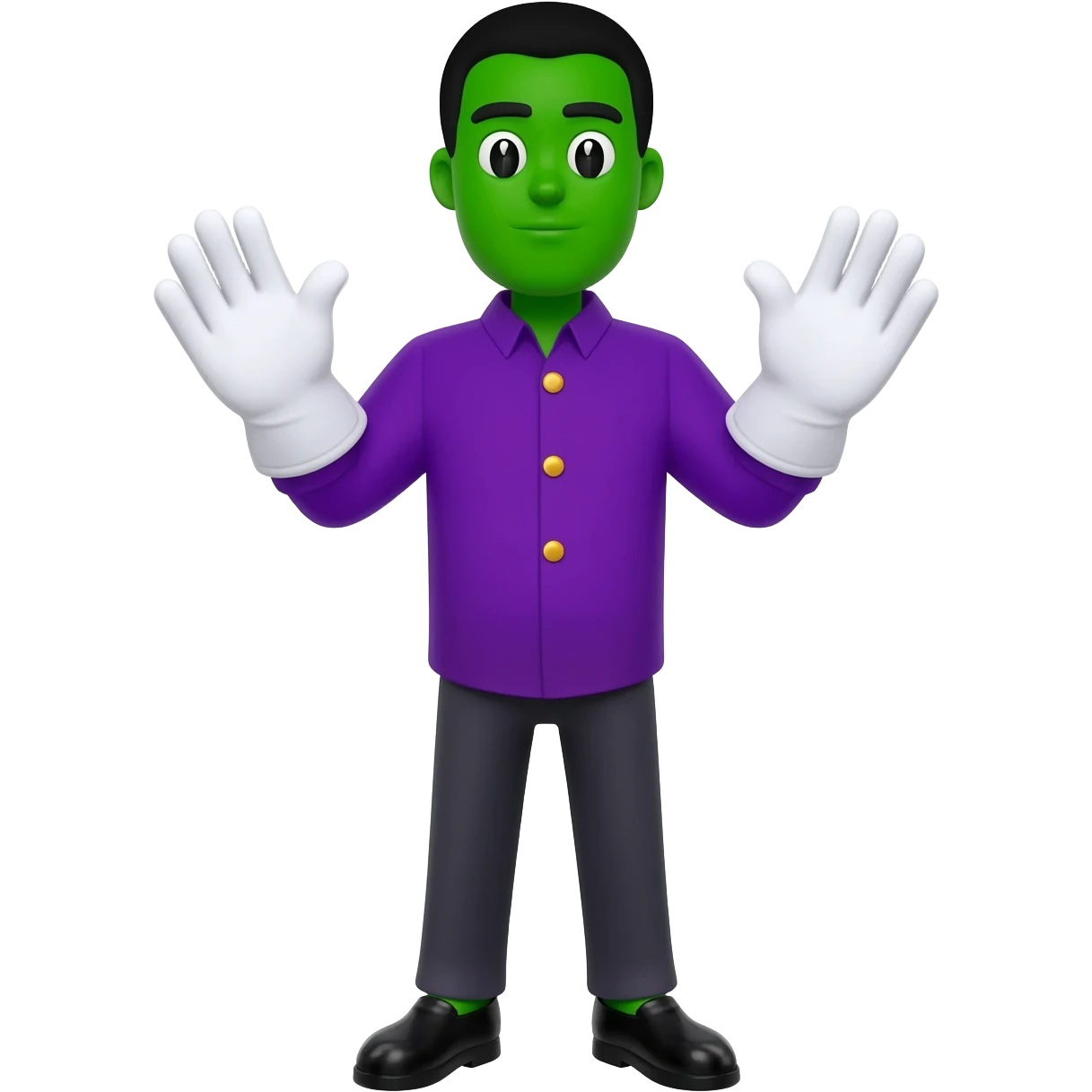 Cartoon black male around face green with big white gloves overall two gold buttons and purple shirt and black shoes black hair full body emoji