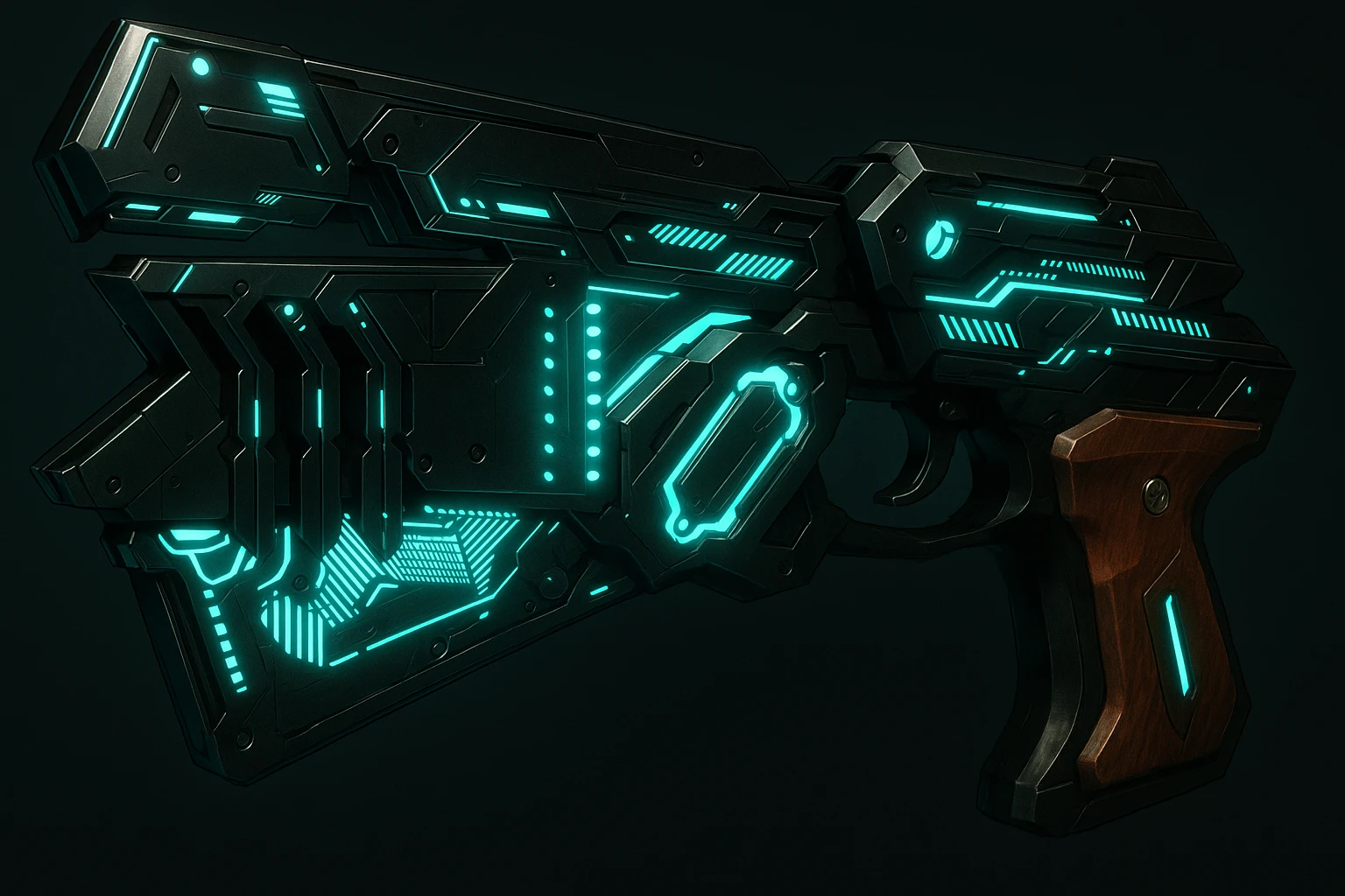Create a gun design closely inspired by the reference image: a futuristic, high-tech weapon with angular shapes, glowing blue lights, black and metallic body, and wood-textured grip, in the style of the Psycho-Pass Dominator. Emphasize sci-fi details and dramatic lighting, capturing the essence of the Psycho-Pass Dominator's aesthetic. emoji