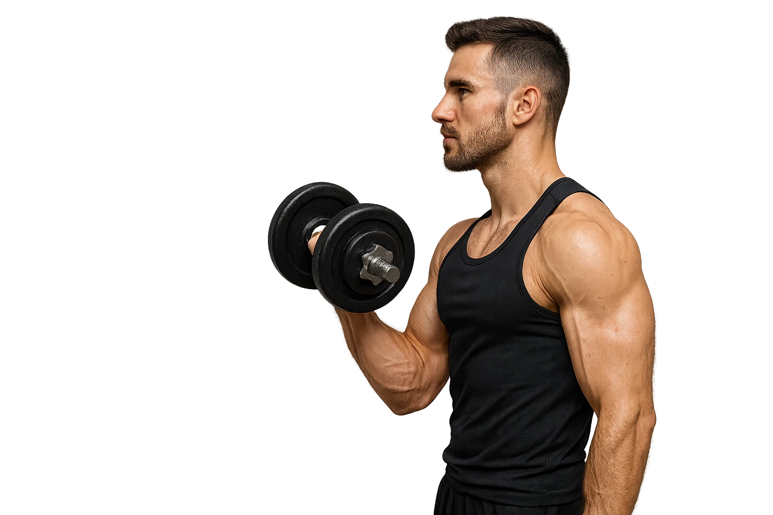 uomo fitness di profilo con manubrio da palestra in mano, iperrealistico 4k emoji