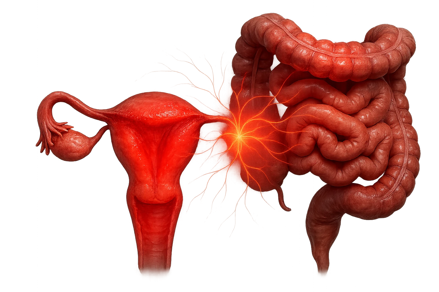 utero umano anatomico iperrealistico e intestino umano anatomico iperrealistico hanno in comune il dolore e l'infiammazione, rendi bene il collegamento tra i due organi doloranti, falla iperrealistica, non disegnata emoji