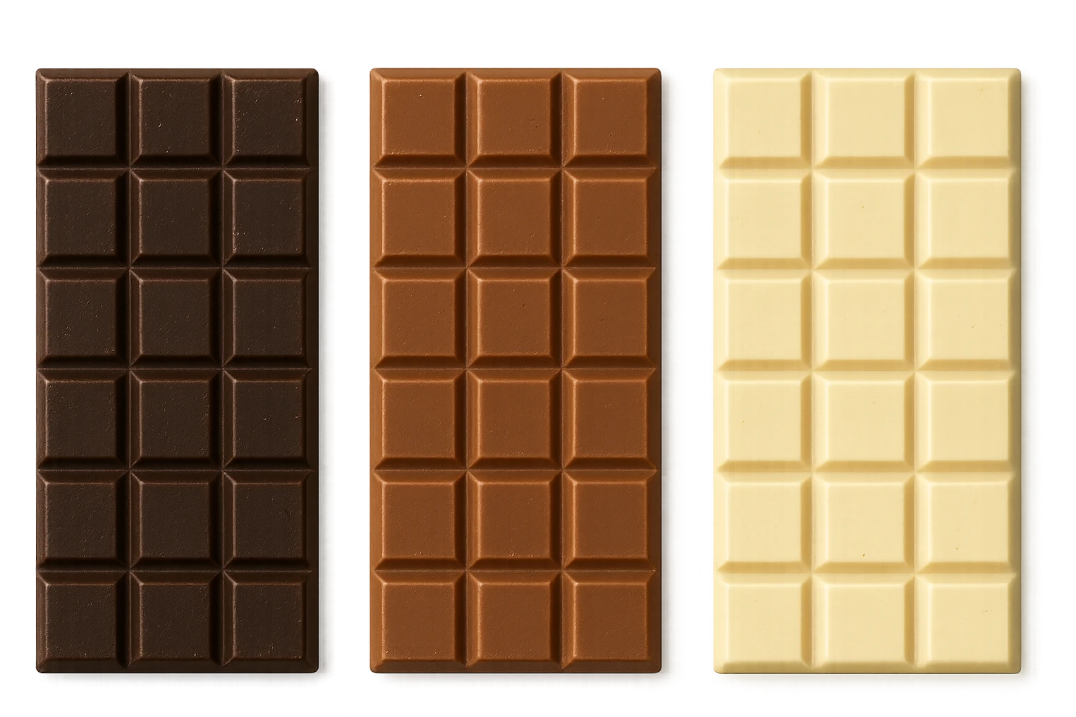 3 BARRETTE DI CIOCCOLATO, UNA FONDENTE, UNA AL LATTE E UNA BIANCA, VISTE DALL'ALTO, IPERREALISTICO 4K emoji