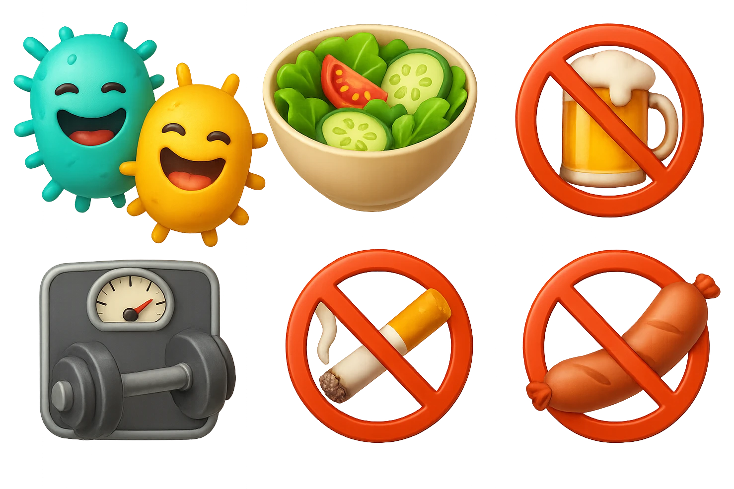 emoji stile iphone di: due batteri intestinali felici, una bowl di insalata, una bilancia pesapersone, manubri da palestra, e un boccale di birra con divieto 3d sopra, una sigaretta con divieto 3d sopra e un wurstel con divieto 3d sopra, fluttuano in aria, iperrealistico 4k emoji
