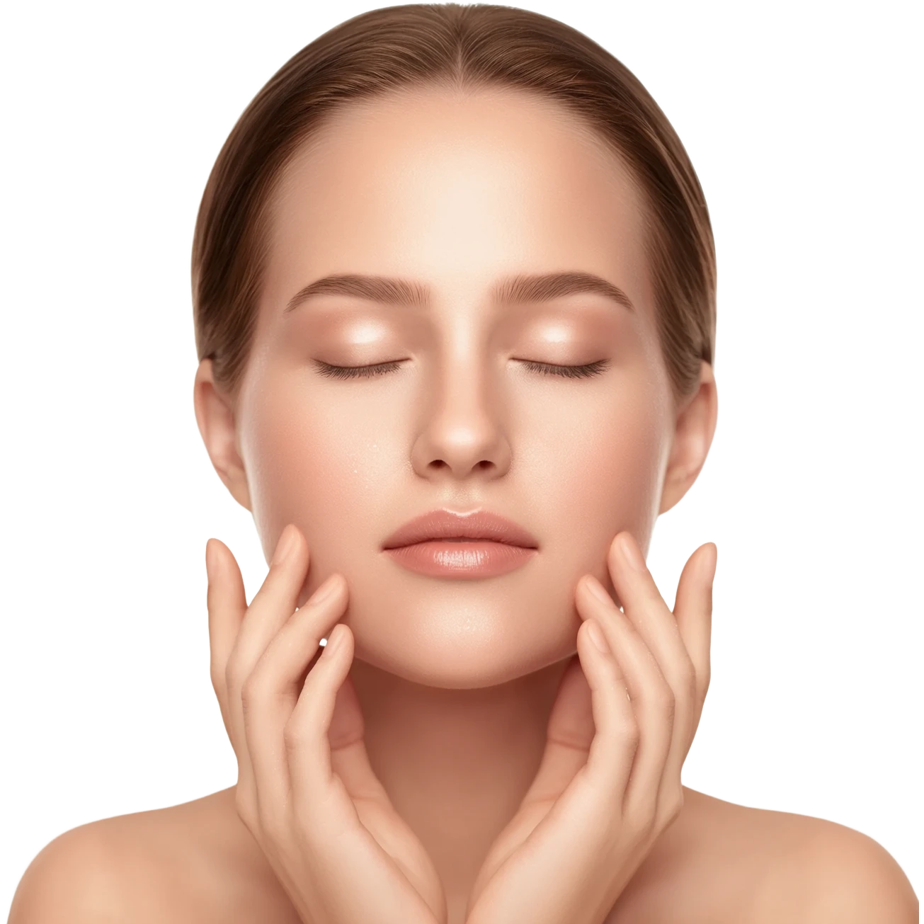 Close-up beauty portrait of a young white woman with dewy, glowing skin, eyes closed, gently touching her cheeks with both hands. Her skin looks hydrated and luminous with a natural glossy finish. Soft neutral makeup, groomed brows, nude lips. Hair pulled back neatly. emoji