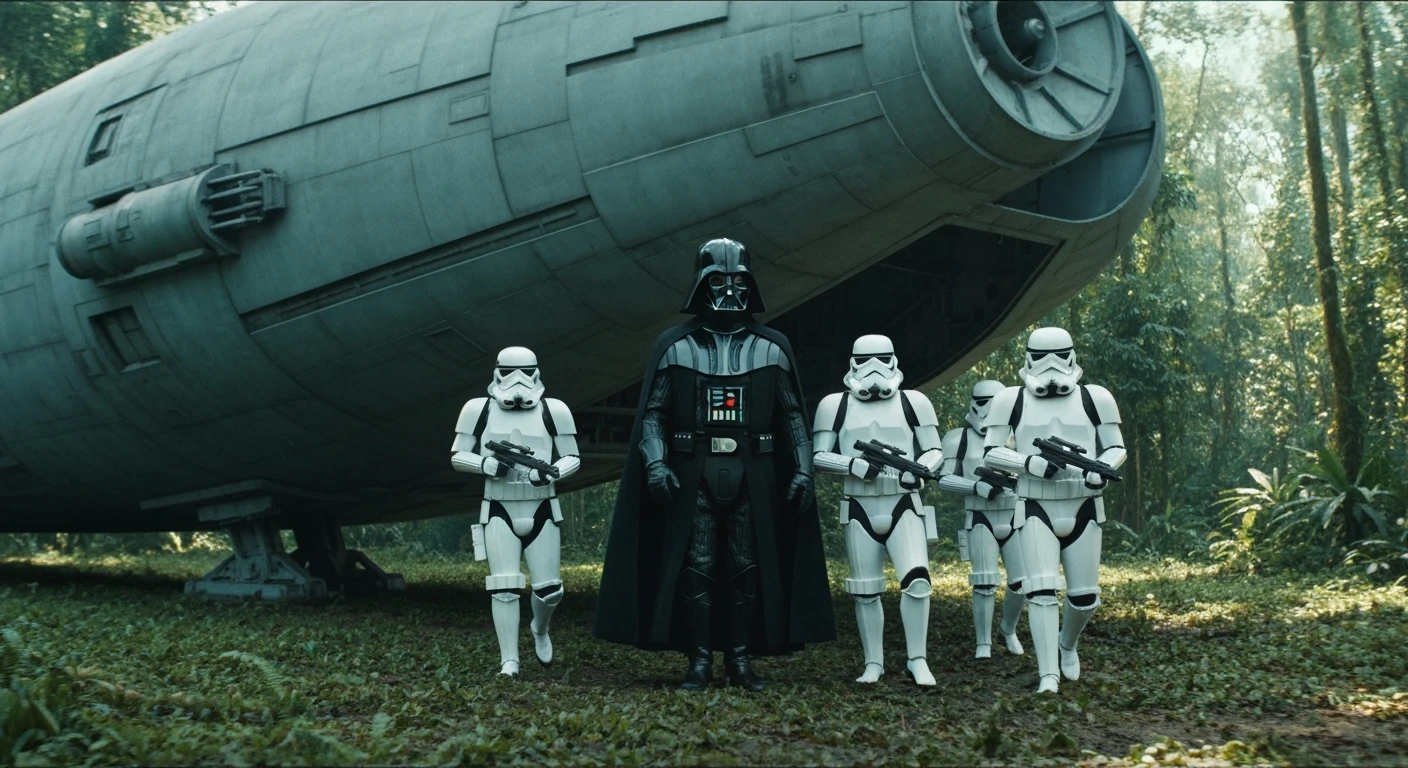 cinematic still, Medium shot, amazon jungle, Darth Vader around stormtroopers coming out from starship on ground, they are exploring the jungle, inspired by StarWars movie, captured by arri alexa emoji