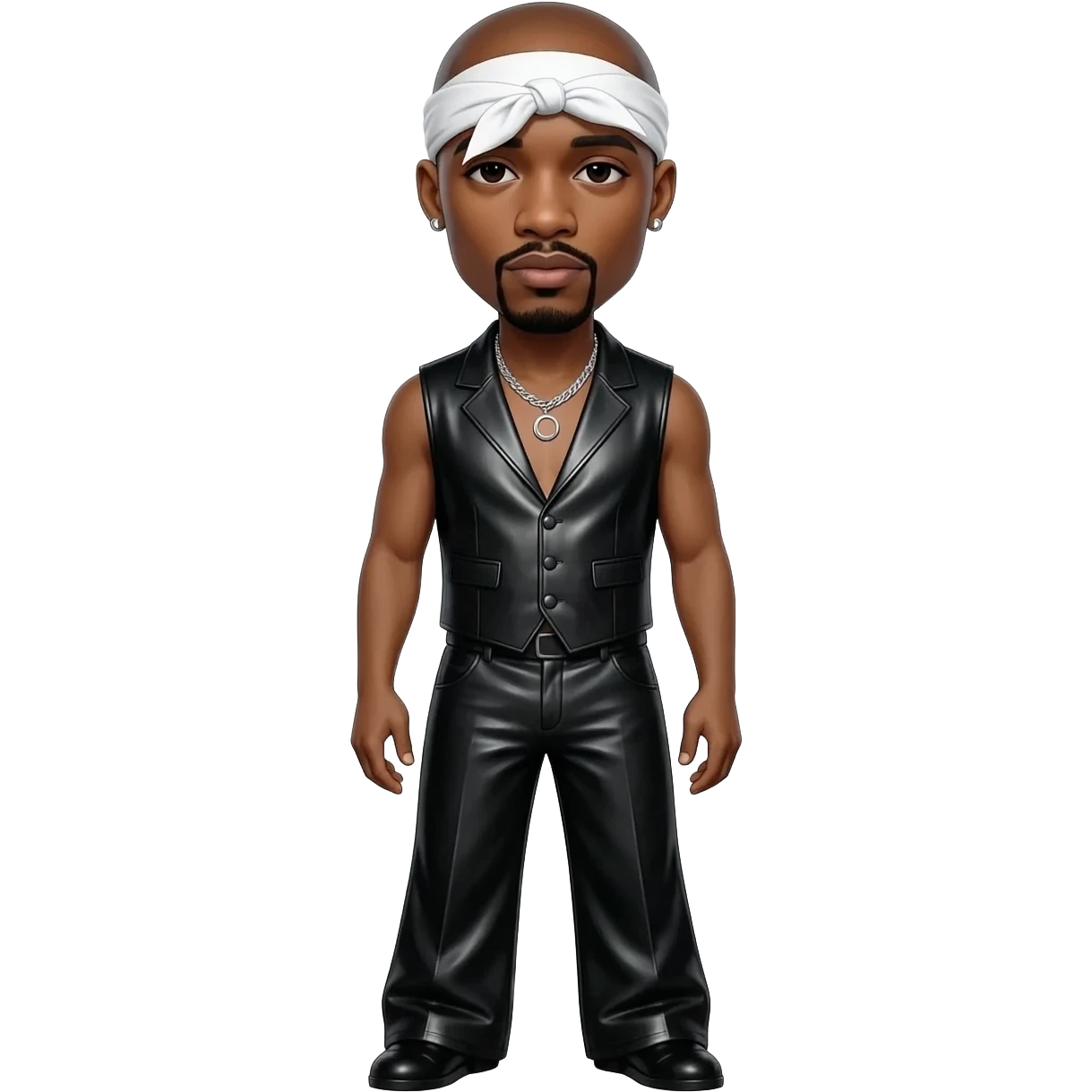 Tupac Shakur with bald head, white headscarf, black metallic open vest, black metallic wide leg pants, silver necklace and short earrings emoji