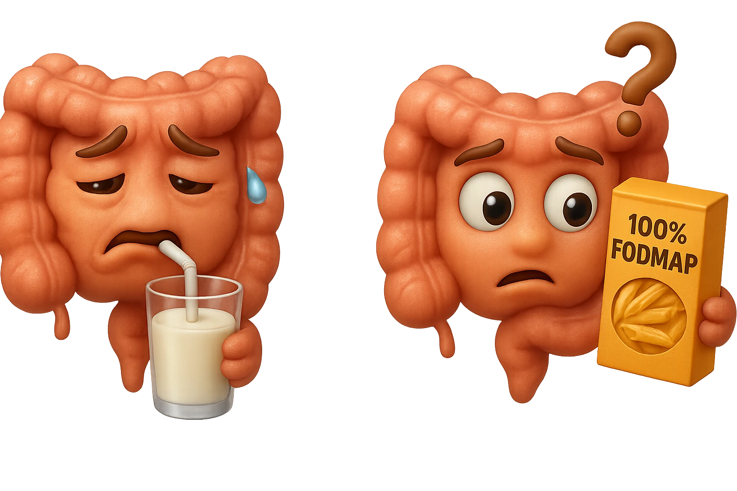 emoji stile iphone di un intestino che beve latte e ha un espressione di dolore e un intestino che guarda un pacco di pasta con la scritta "100% FODMAP" SULL'ETICHETTA CON ESPRESSIONE CONFUSA, iperrealistico 4k, isolato su sfondo bianco emoji