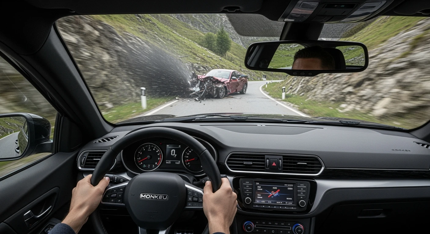 Realistic camshot pov of monkeu car (hands holding car wheel) switzerland road with car crash emoji