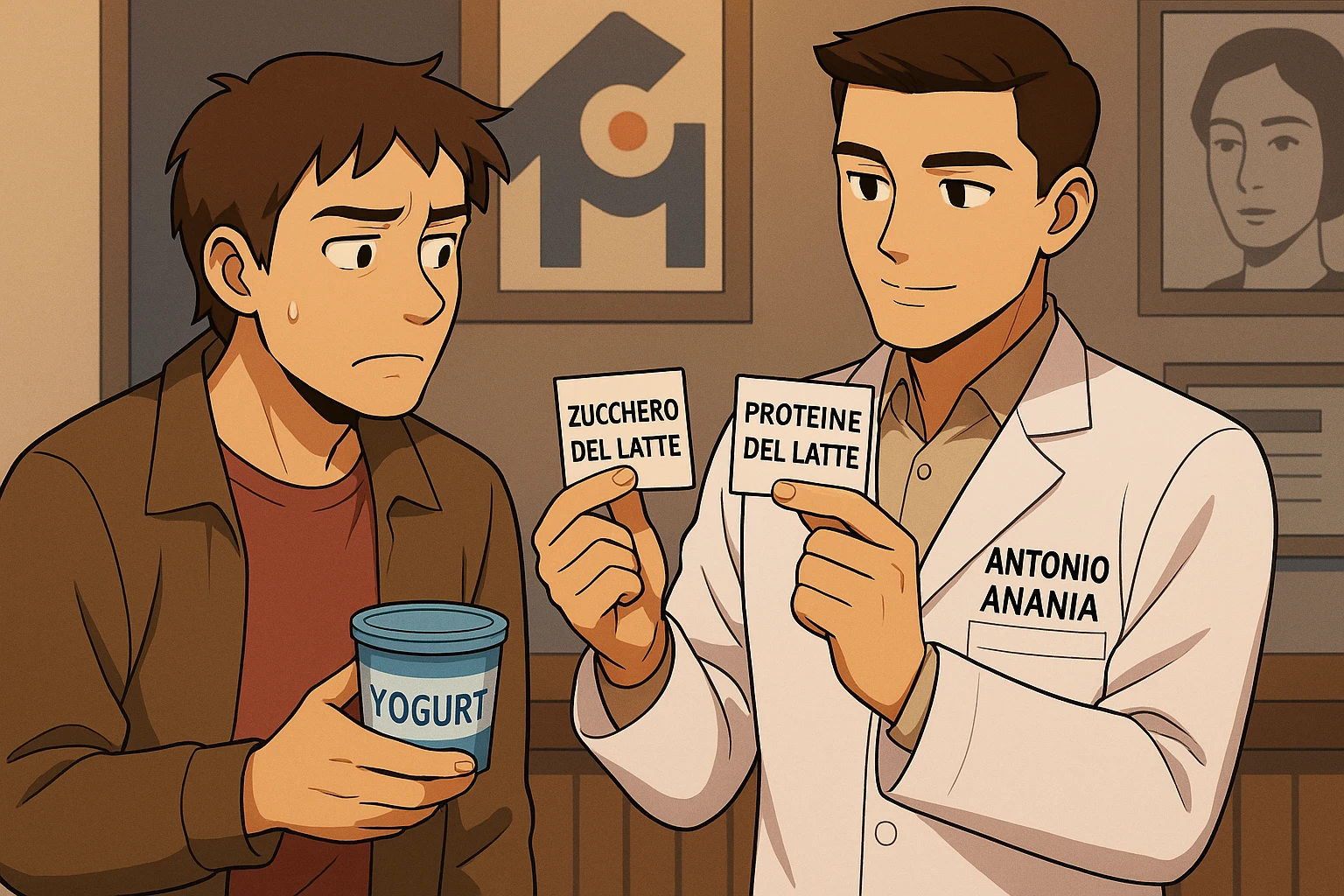 fai un webtoon manga a colori con questo stile, in cui un uomo ASCOLTA Il kinesiologo con il camice bianco (fagli anche la scritta "ANTONIO ANANIA" SUL CAMICE, IL KINESIOLOGO SPIEGA ALL'UOMO UNA COSA TENENDO DUE FOGLIETTINI IN MANO, UNO CON LA SCRITTA "ZUCCHERO DEL LATTE" E UNA CON LA SCRITTA "PROTEINE DEL LATTE". L'UOMO OSSERVA LO YOGURT CHE HA IN MANO CON ESPRESSIONE DUBBIOSA IN VOLTO. non fare i fumetti però, fai solo in modo che sembri stiano parlando emoji