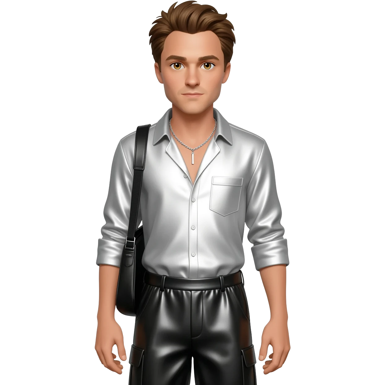 Robert Pattinson with hazel eyes, brown hair, white metallic shirt, black metallic baggy pants, silver necklace emoji