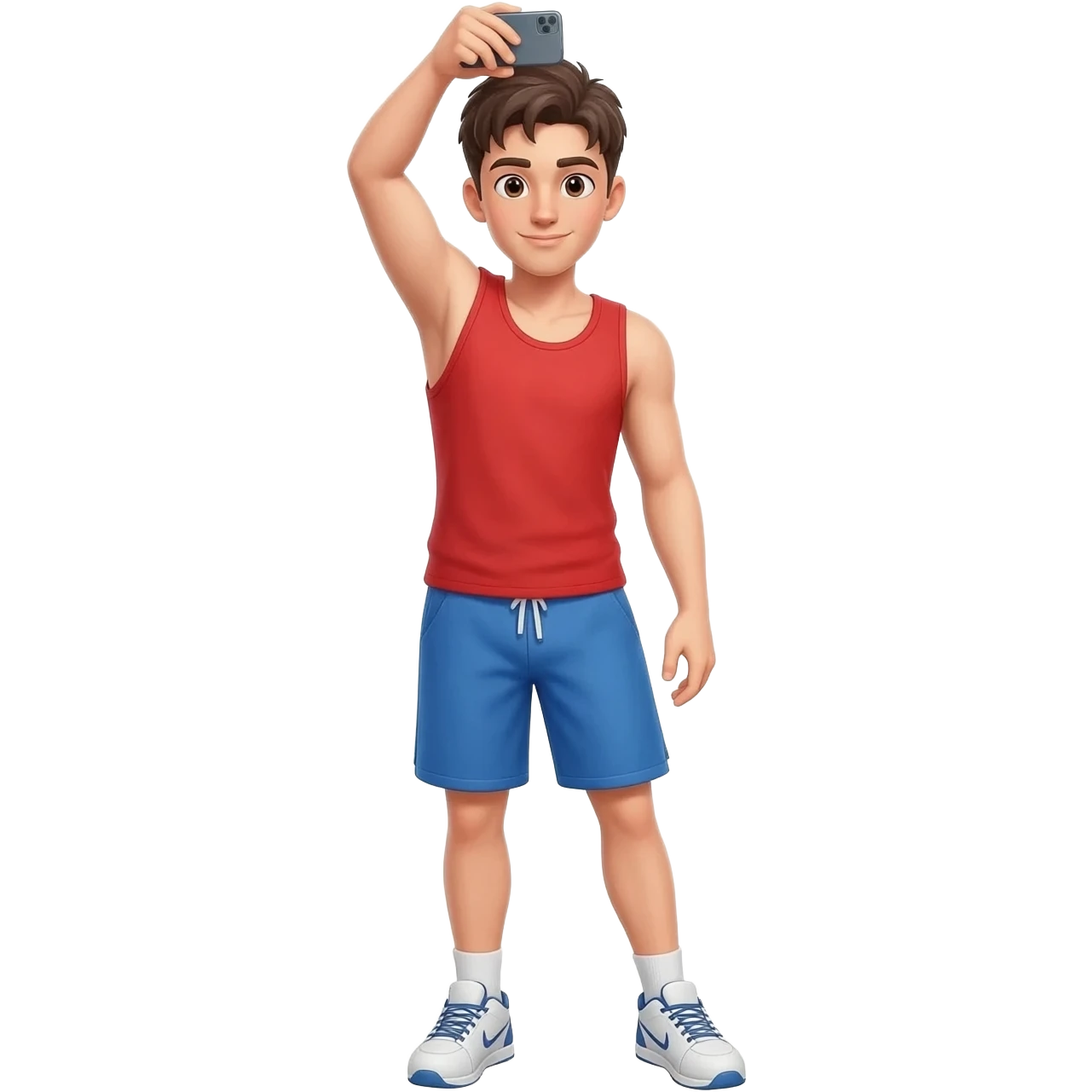 guy in tank top and shorts standing holding up his phone up high and in front of him to show the camera his entire body emoji