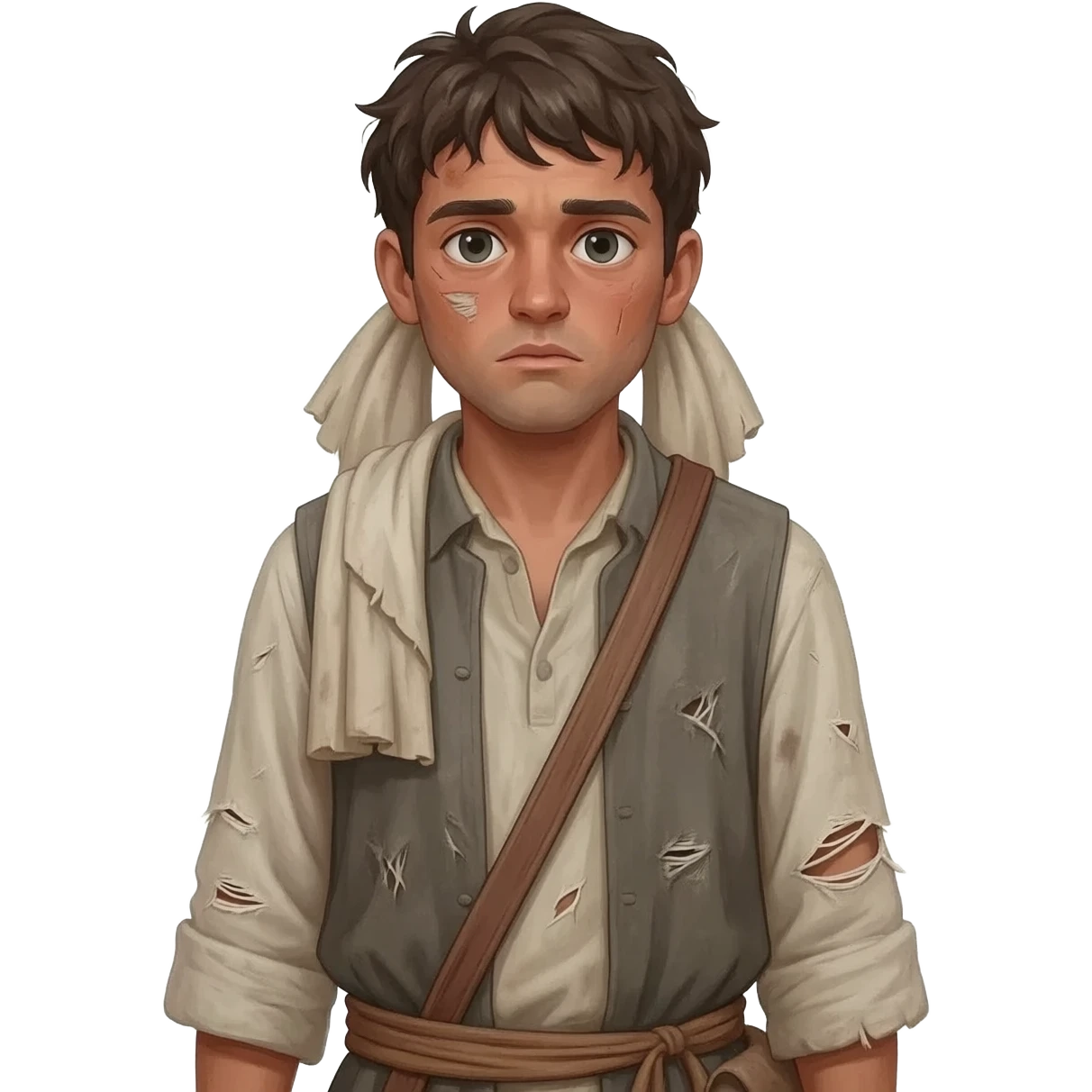 нарисуй парня  бедного в рваной грязной одежде 22-24 года, он смотрит в даль с горы, и вглядывается держа руку над глазами времена древнего иерусалима emoji