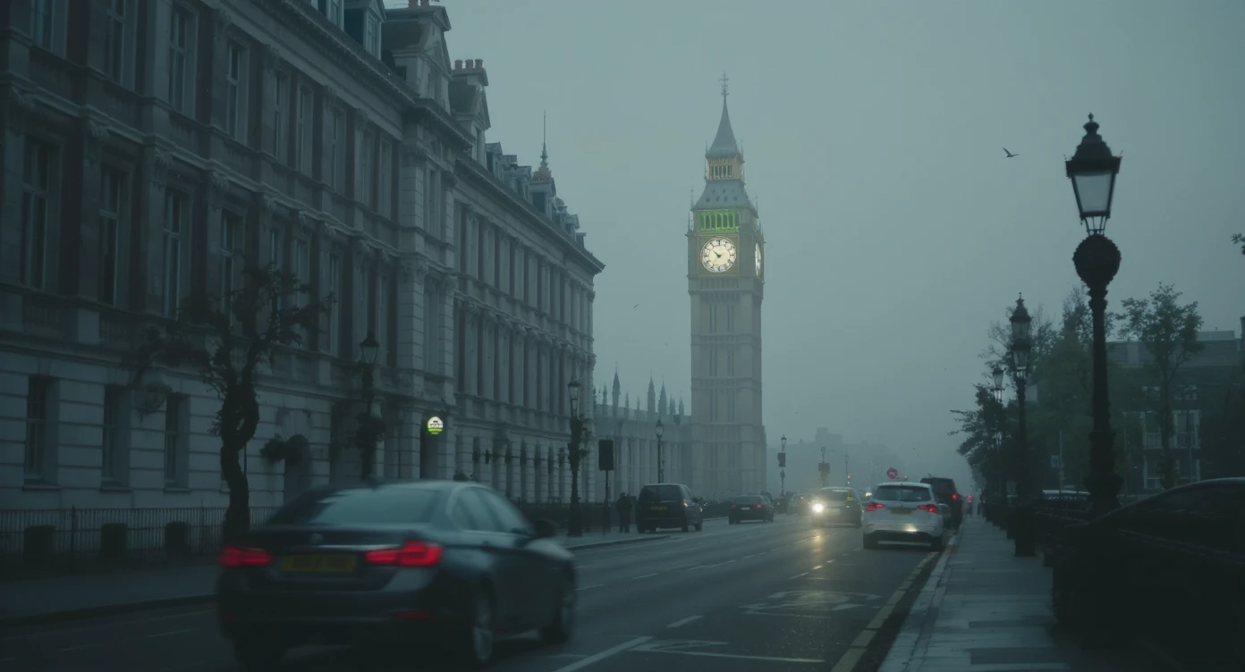 Cinematic shot of a london street, cloudy foggy day, soft light, leading lines to big ben in distance, multi composition, in foreground blurred car, on second street around UK bulding, od another plan in distance big ben, birds flying, artistic look, captured on arri alexa 35 emoji
