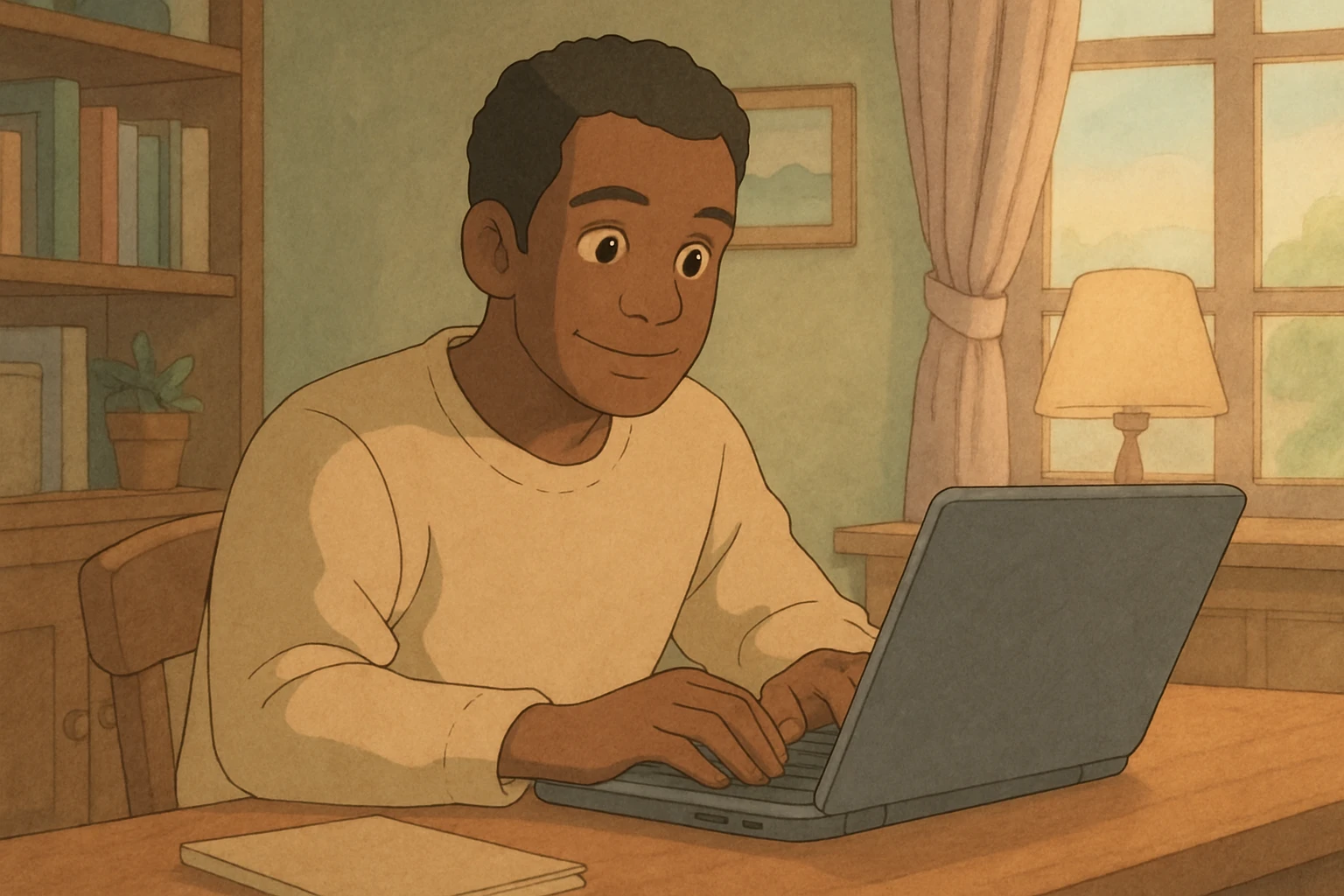 A black man sitting at a desk with a laptop, Ghibli style, gentle colors, cozy atmosphere, subtle background details. emoji