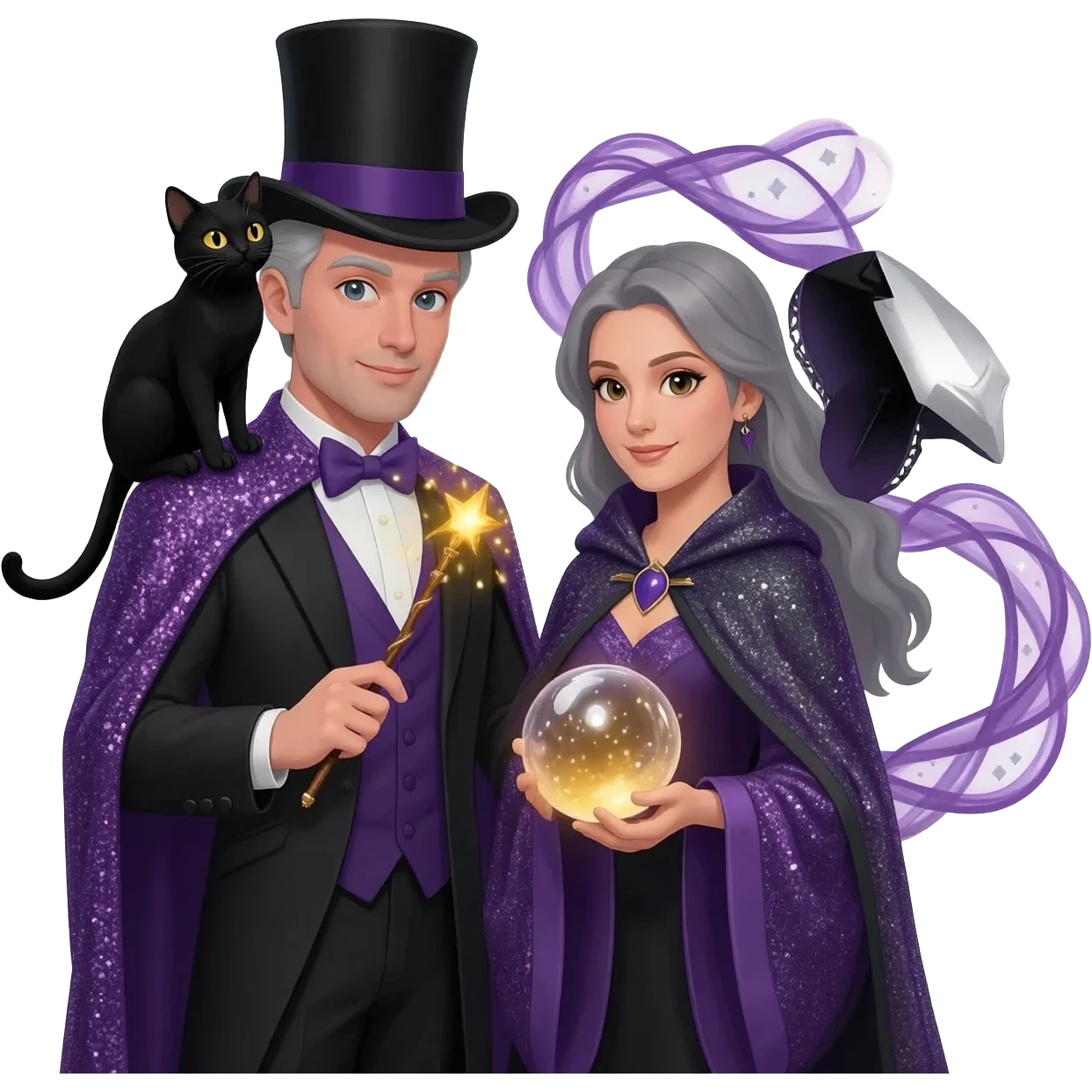 magician couple and their pet cat emoji