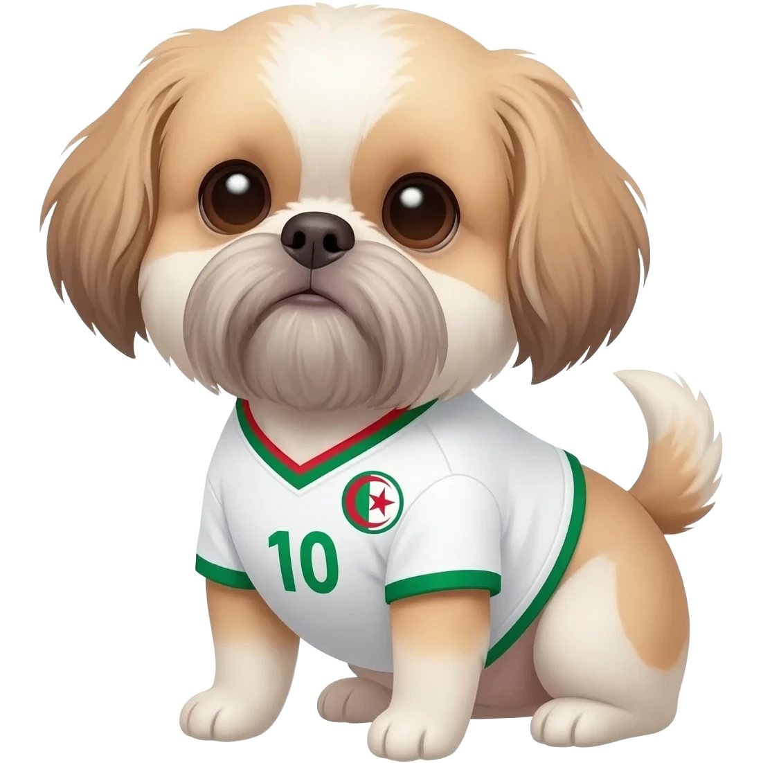 white and light brown shih zhu wearing a Algeria soccer jersey v neck 2026 work cup emoji