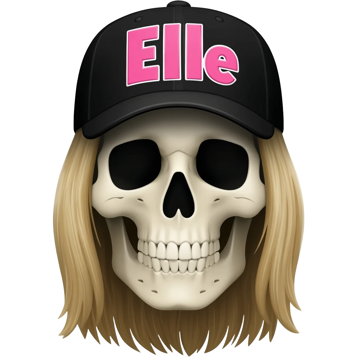 A skullhead thats wearing a black baseball cap with the words "Elle" in pink and white with long blonde hair emoji