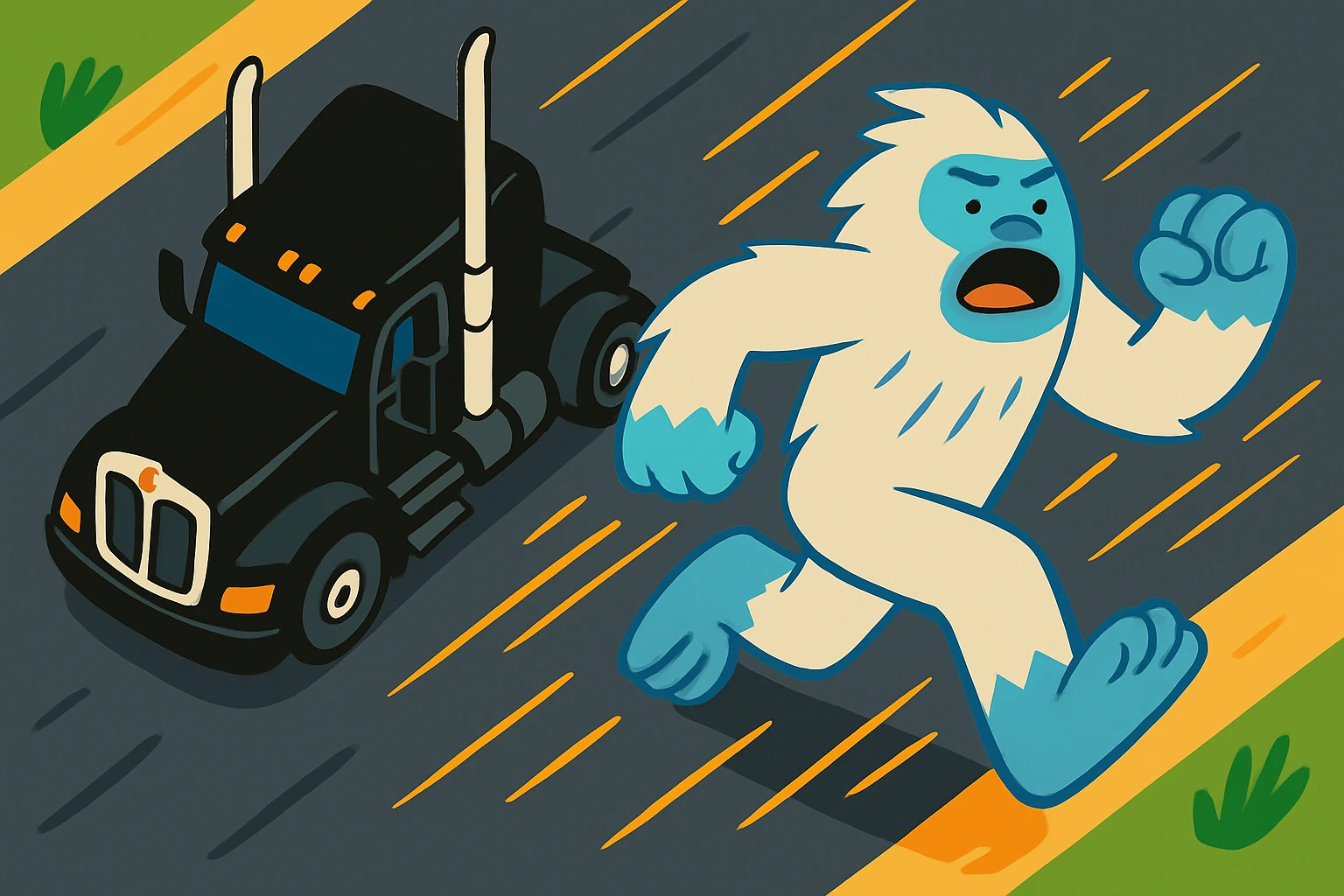 Make the abominable snowman much smaller and change the perspective to a view from above, keeping the vibrant cartoon style and action scene, no text. emoji