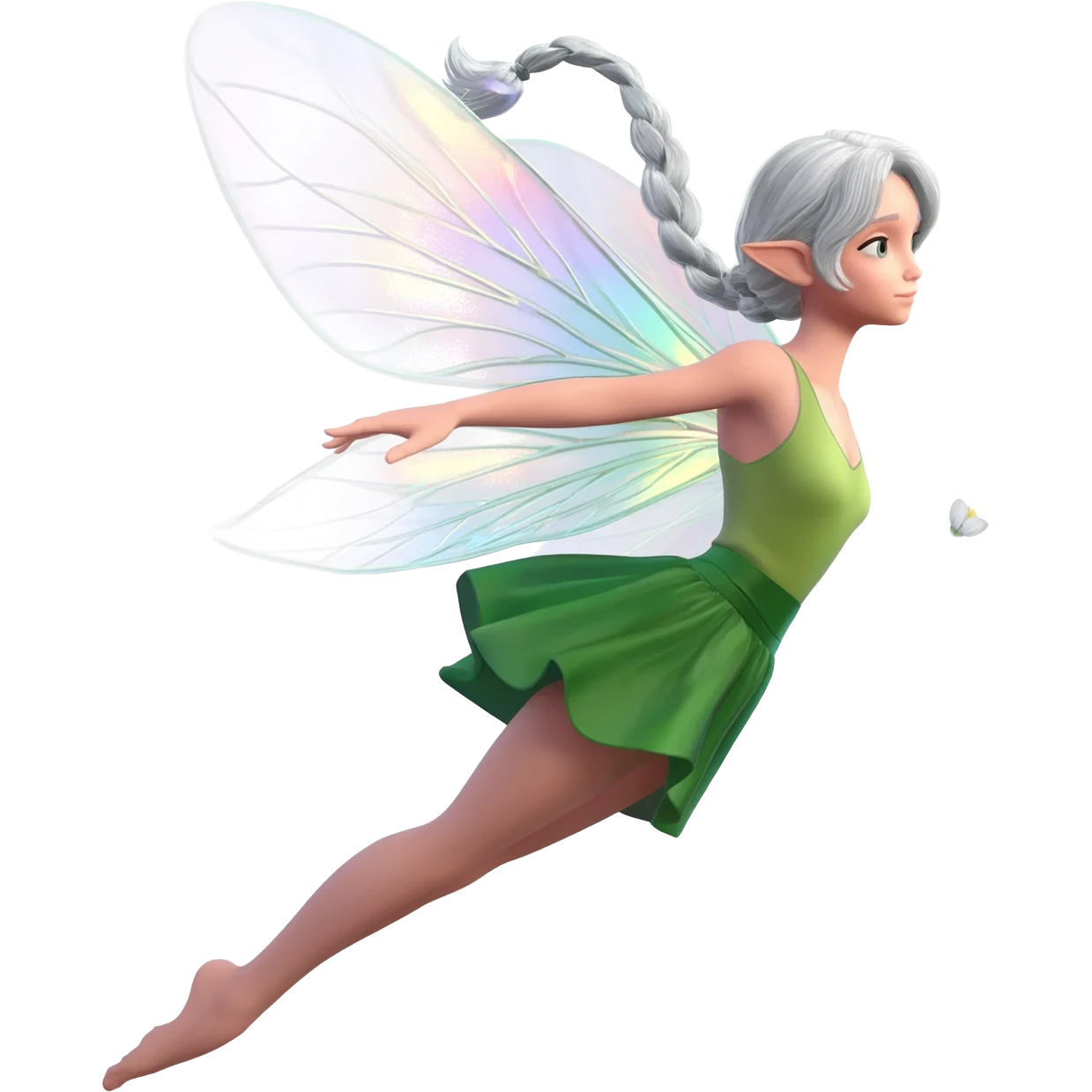 A winged flower fairy white skin girl, wearing a short skirt, one leg straight and the other bent, her body tilted, in a flying pose. emoji