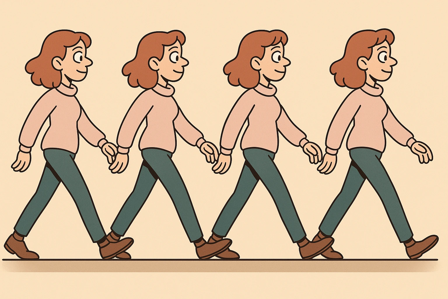 animated sequence of a woman walking on a horizontal runway, step-by-step walking frames, flat illustration style emoji