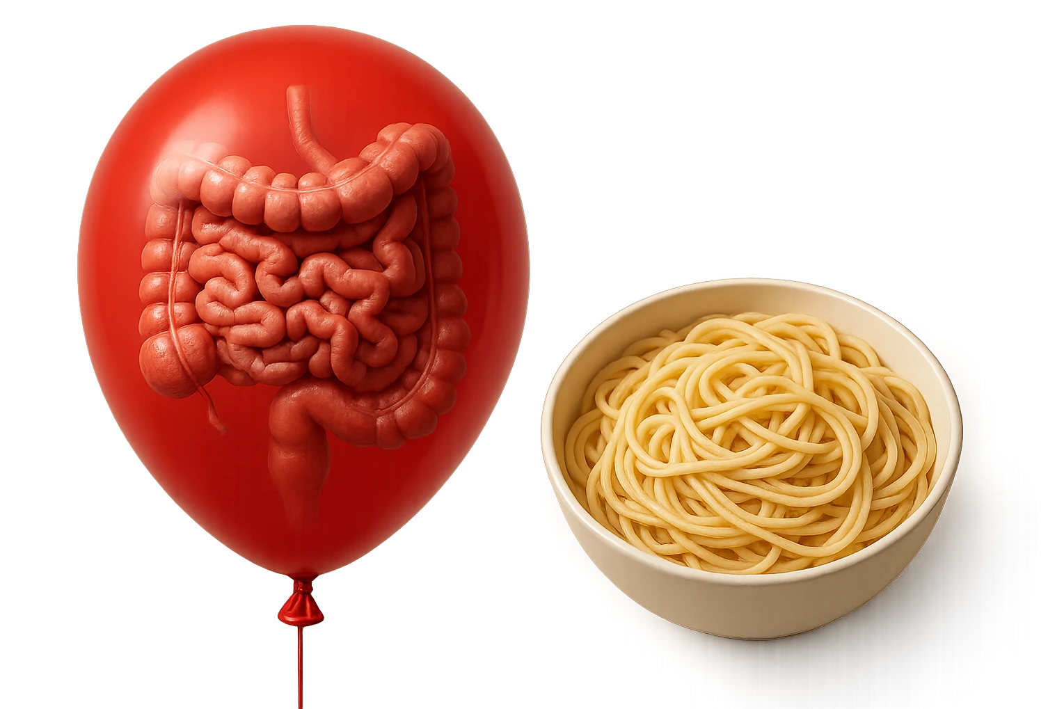 intestino umano anatomico chiuso in un palloncino rosso che simboleggia gonfiore, accanto una bowl di pasta, iperrealistico 4k emoji