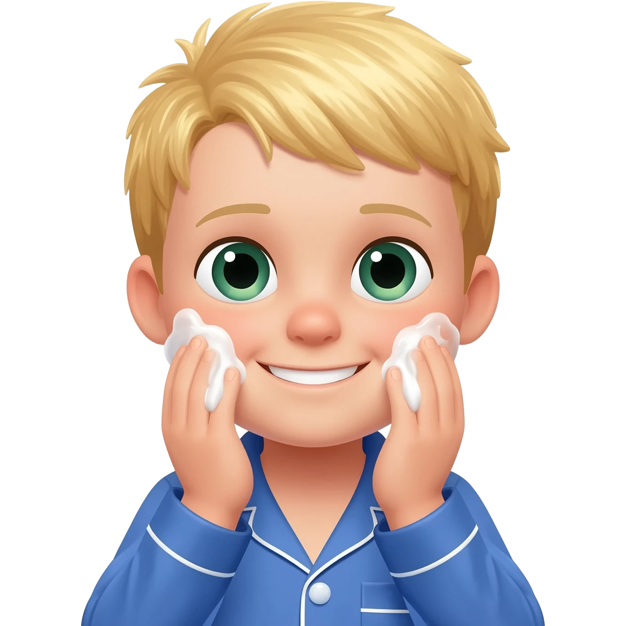 Use the same 3 year old blonde boy with green-blueish eyes as before  happy with blue pajamas washing his face in the restroom emoji