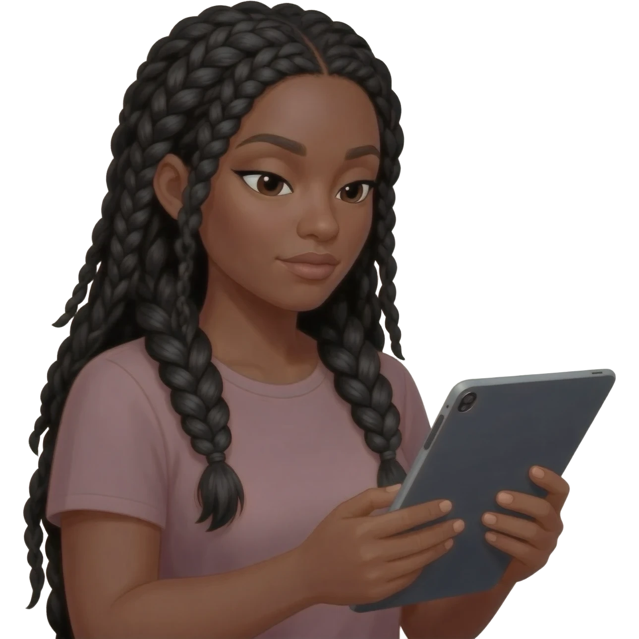 Emoji représentant une femme à la peau marron avec de longues braids noires regardant la tablette graphique dans ses mains emoji