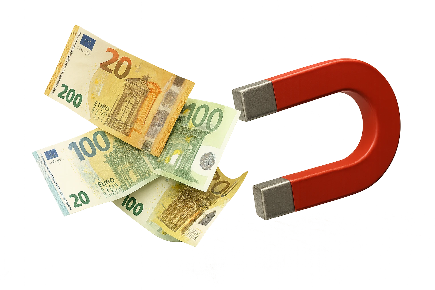 banconote di euro fluttuano vicino ad una calamita rossa, sono attratte, iperrealistico 4k emoji