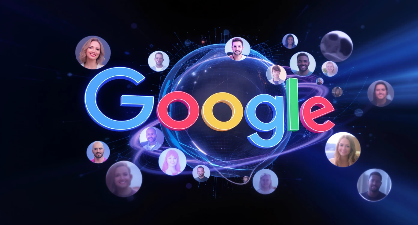 Futuristic Graphic of a flying aroundg google profiles with 3d disney style faces of people (Gradient black and blue background) emoji