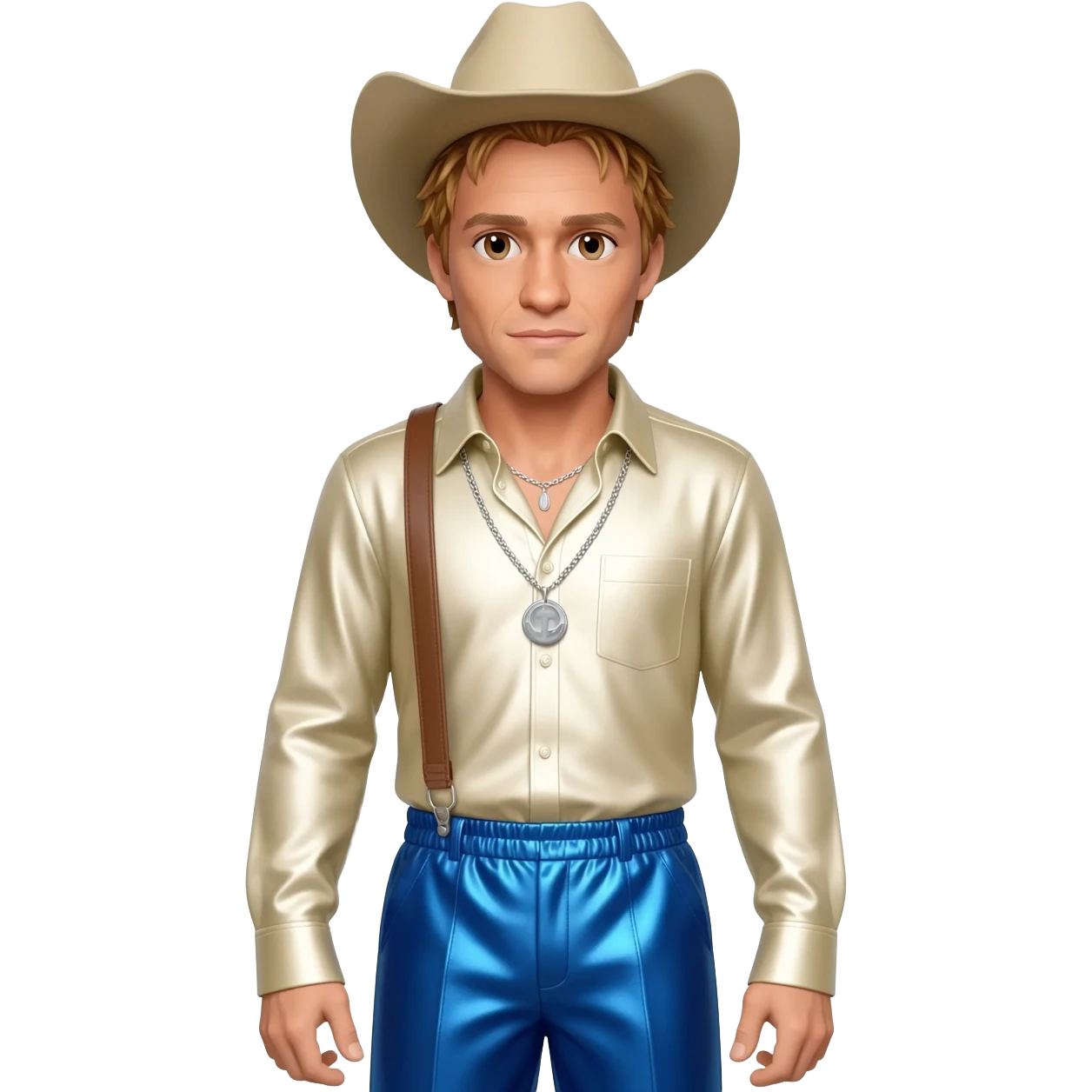 Heath Ledger with brown eyes, golden brown hair, beige cowboy hat, ivory metallic shirt, periwinkle blue metallic baggy pants, silver necklace emoji