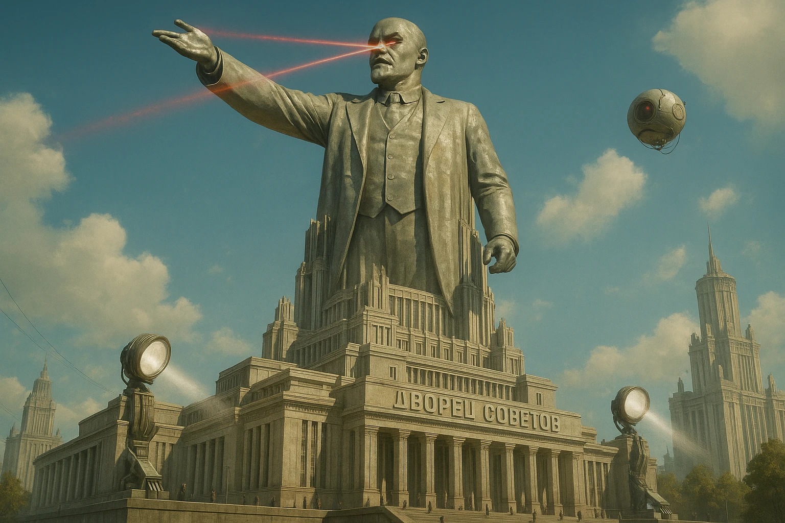 Дворец Советов реалистичный, как на фото. В стиле Atomic Heart, ретрокиберпанк. Упор на 100-метровую фигуру Ленина, у которой из глаз прожекторы лазерные. Светло, день emoji