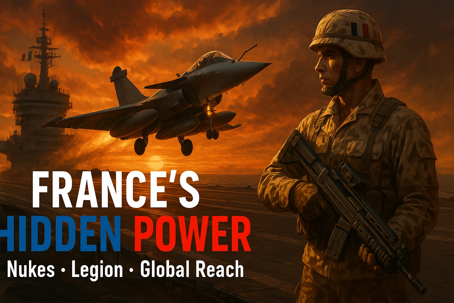 Dramatic 8K scene, 16:9: Rafale jet taking off from French carrier at sunset, orange glow. Foreground: Foreign Legionnaire in desert camo with futuristic weapon. Bold tricolor text: ‘FRANCE’S HIDDEN POWER’. Subtext: ‘Nukes • Legion • Global Reach’. Epic, cinematic, dramatic lighting, 8K resolution. emoji
