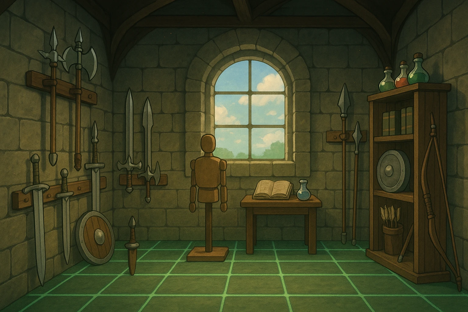 A virtual simulated training environment for combat drills, configured with swords, daggers, axes, maces, halberds, bow and arrows, and shields, as well as spell books and potions  emoji