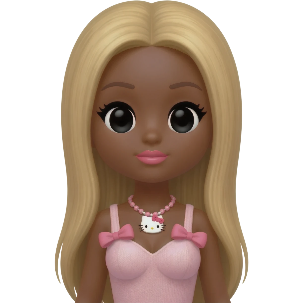 hello kitty necklace, doll eyes, Doll, big chest, dark brown skin, long blonde hair without bangs,  black cute eyes, pink bows with cute lips emoji