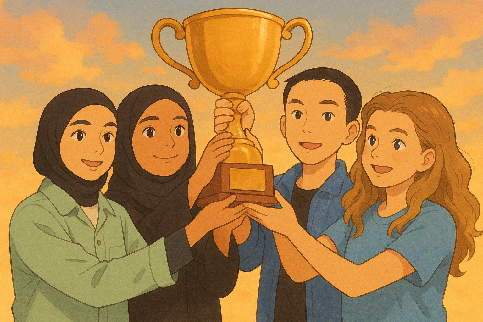 Illustration style Ghibli of four students inspired by the given faces, warm atmosphere, all lifting a trophy together, soft background, golden light, visible diversity, warm and joyful colors, in Ghibli style. emoji