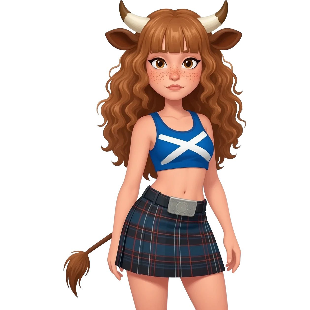 buff curly woman with frecles with light brown messy hair with straight bangs covering her eyes with brown cow tail with fat thights with cow horns and cow brown ears with big butt in a short scottish kilt with extra large breasts dressed in crop top with scottish flag emoji