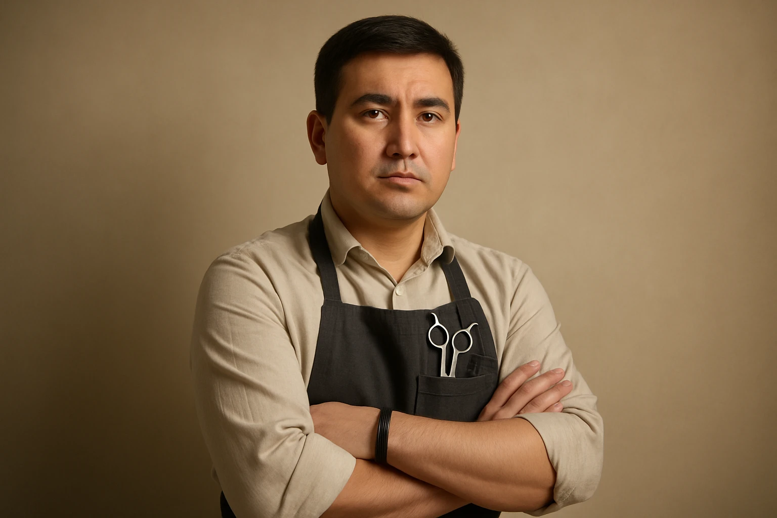 shu pozada turgan sartaroshni tuzib ber uzbek bo'lsin realistik janrda soch turmagi oddiy soqol shart emas emoji