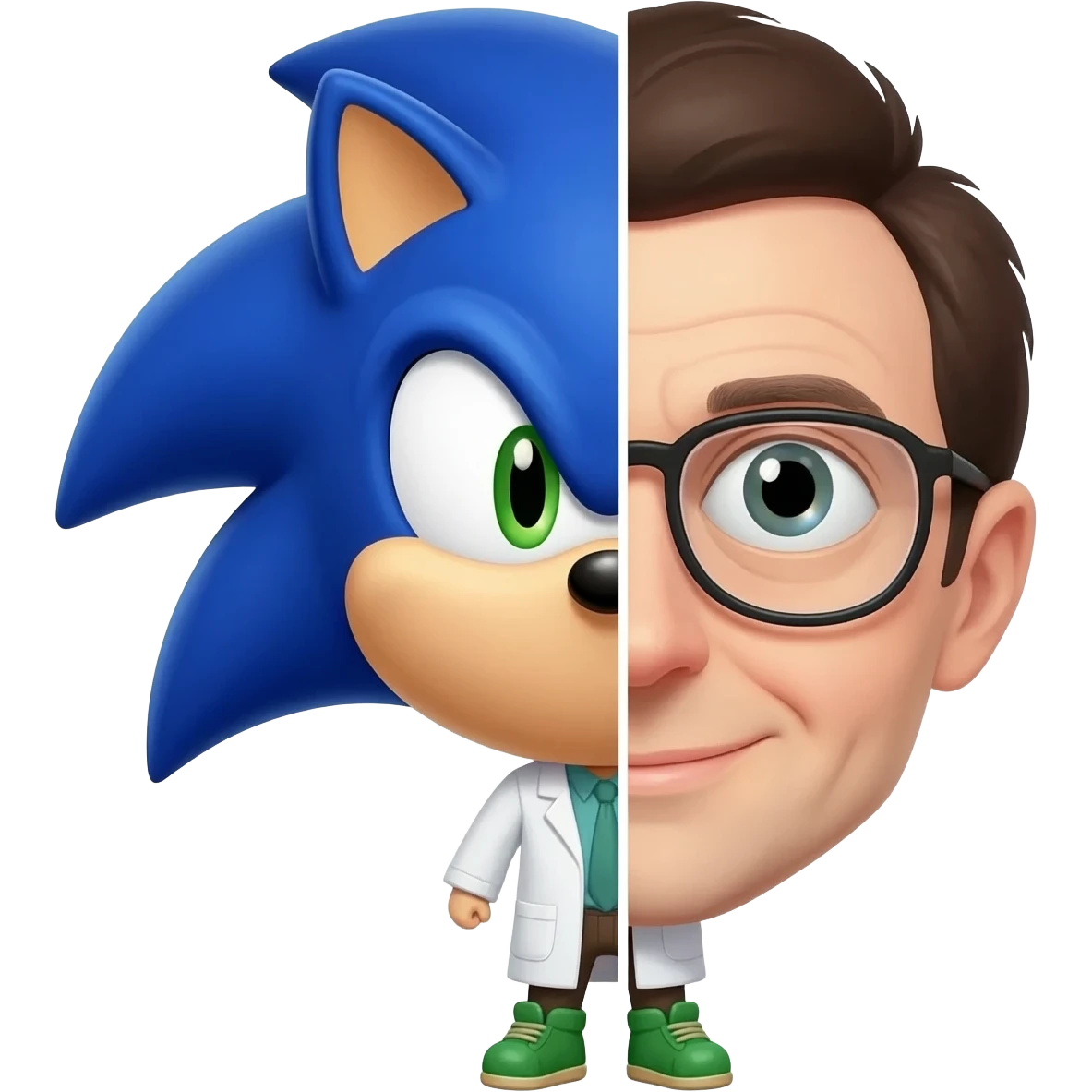 A split-face head, half Sonic the Hedgehog and half Sheldon Cooper emoji