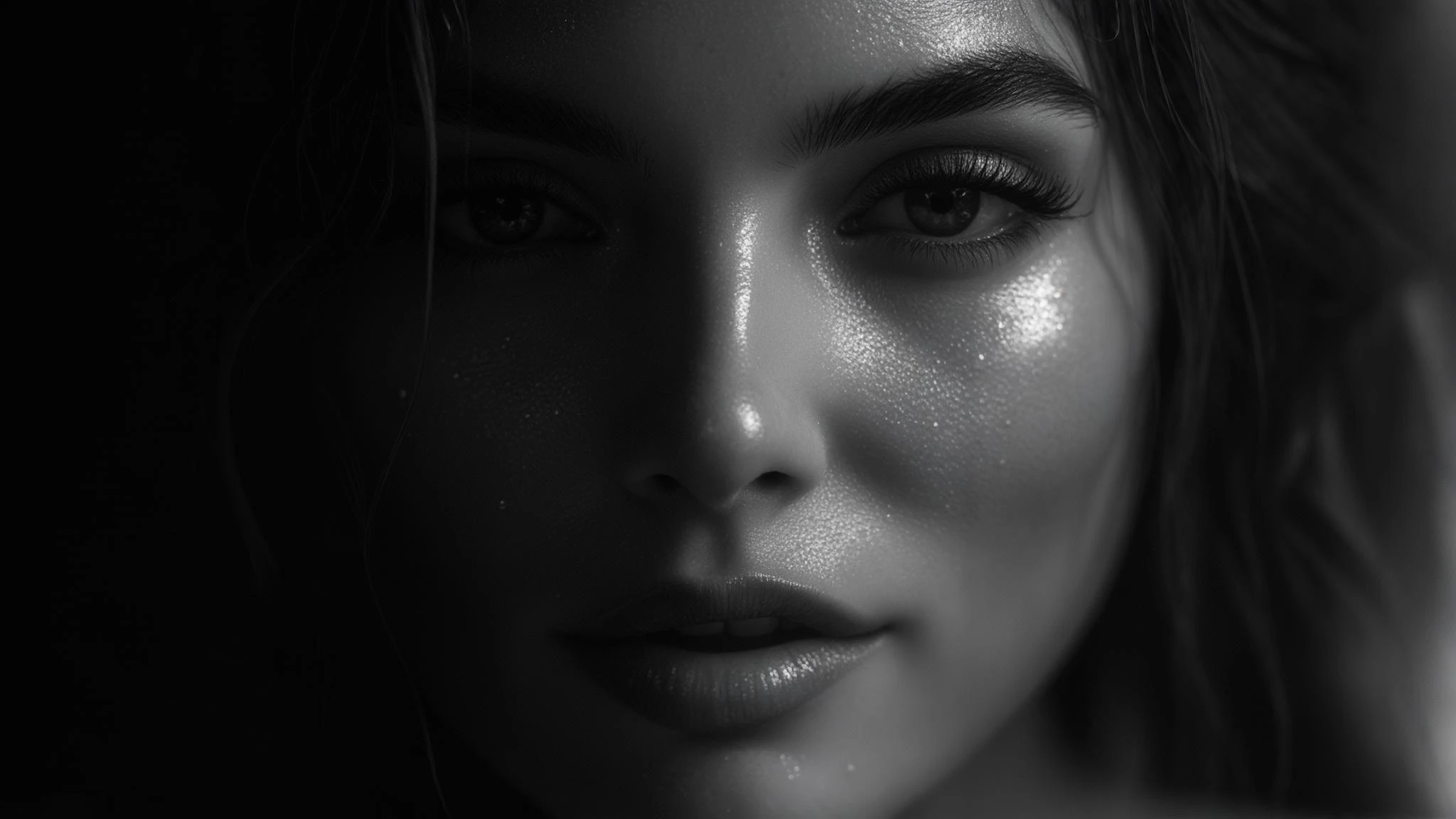 Extreme Closeup photo of a beautifull woman, water light reflection on face, low key light, cinematic light, 8K, very detailed, sharp emoji