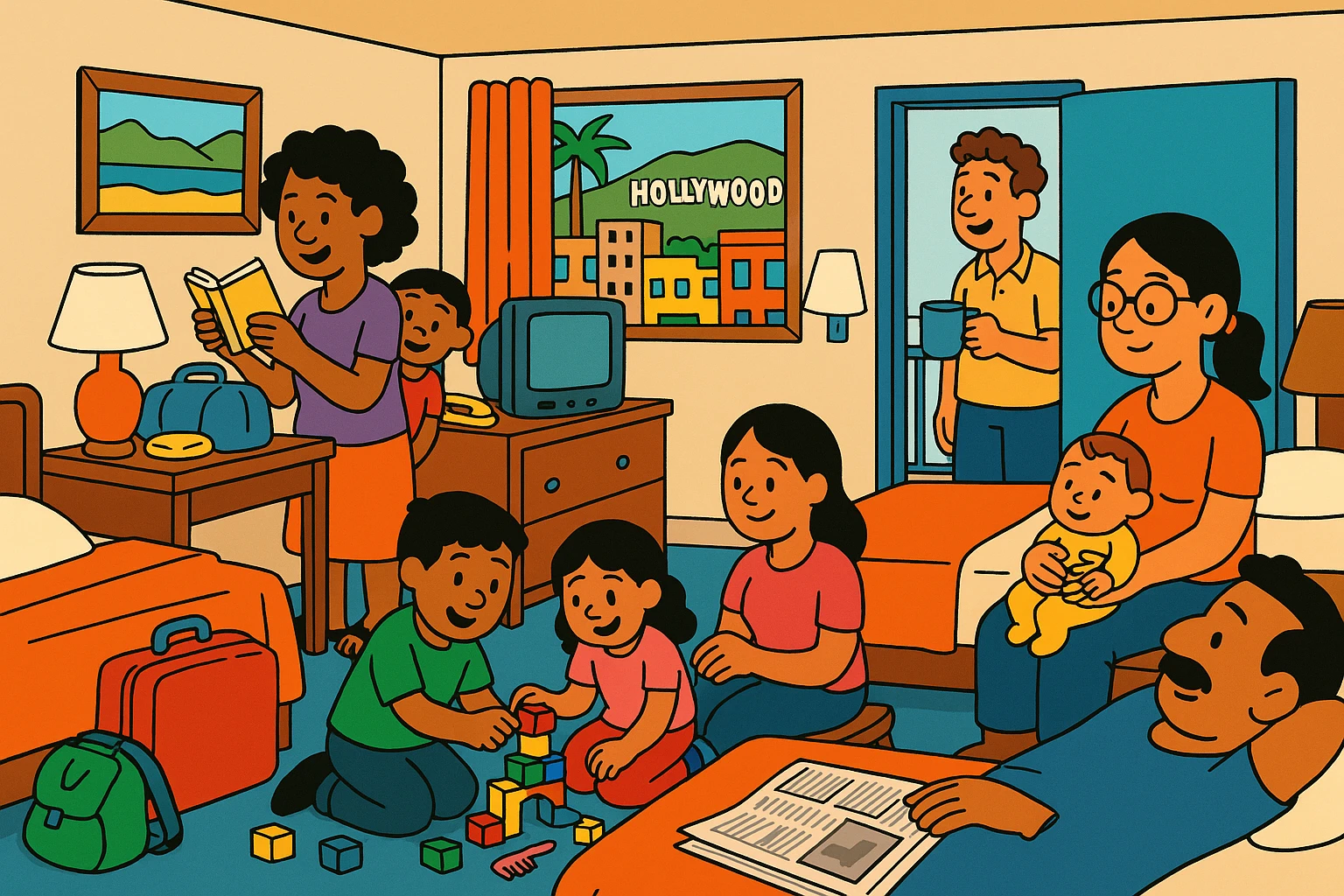 two families living together in a cheap motel room in Hollywood, Los Angeles, California, highly detailed colorful cartoon style emoji